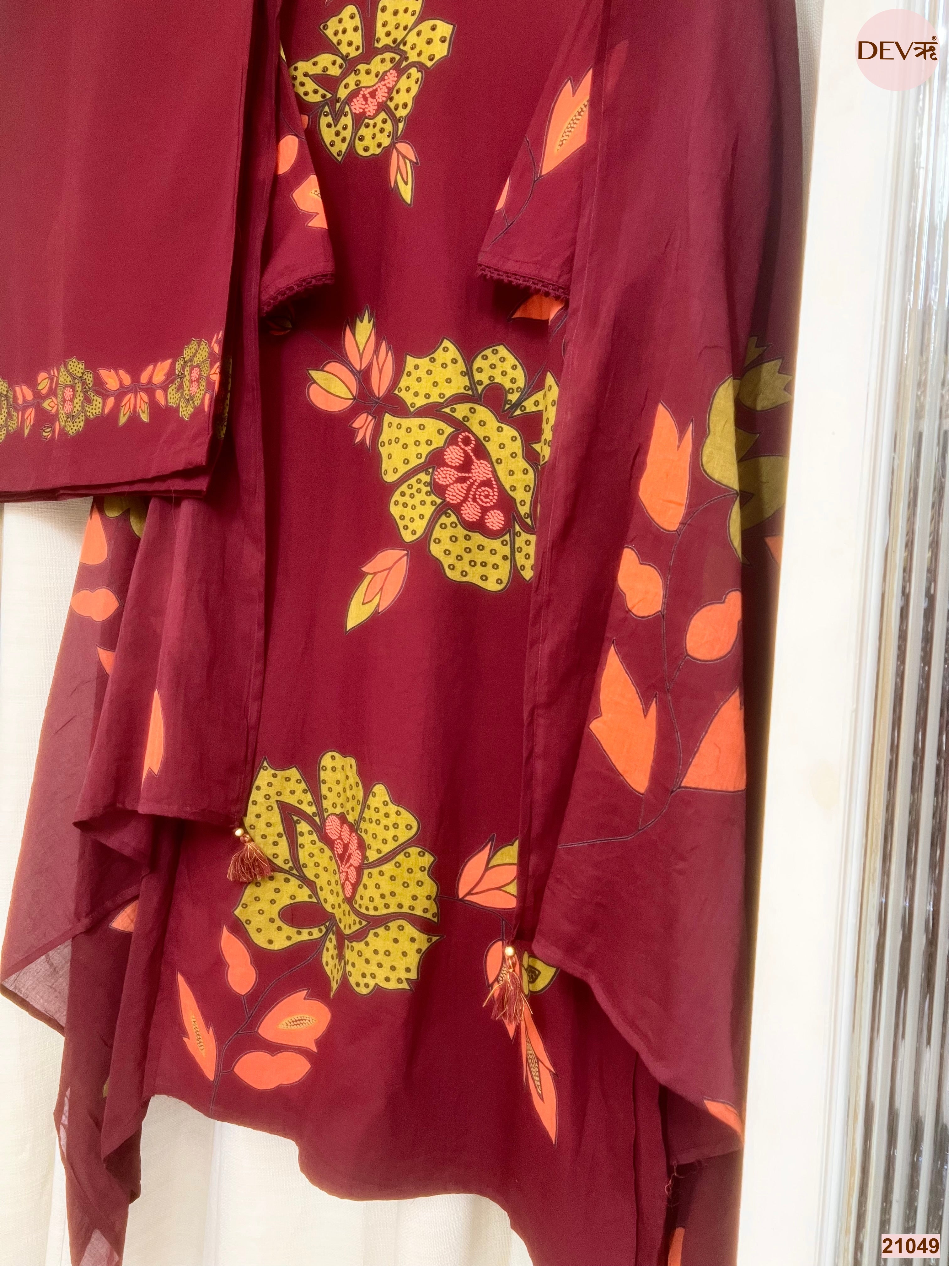Gulnaar Cotton Slub Printed Maroon 3-Piece Set (Devri – D.No 21049)