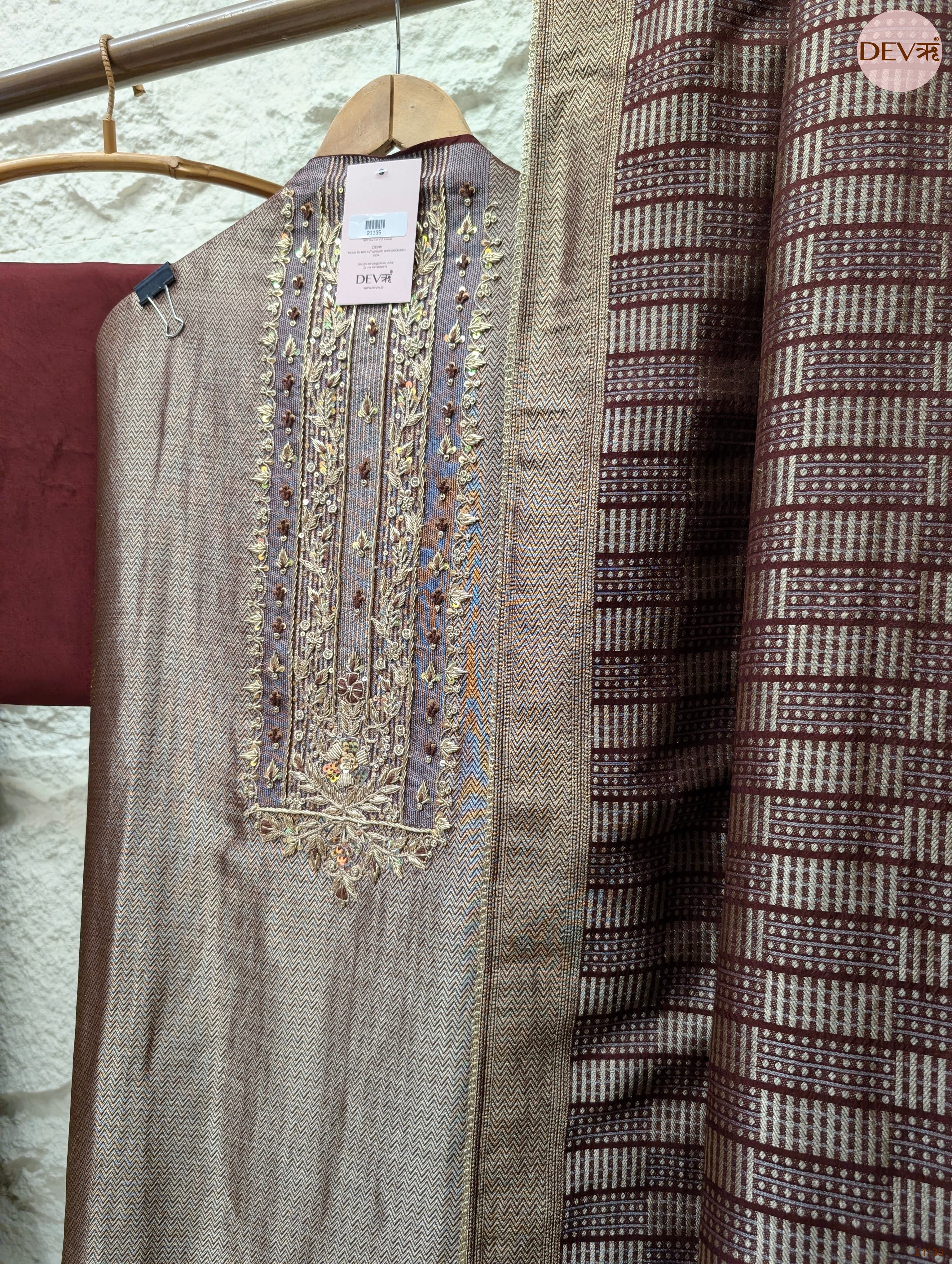 Brown Pure Giraffe Banarasi Silk Embroidered Unstitched 3-Piece Suit (Devri – D.No 21135)