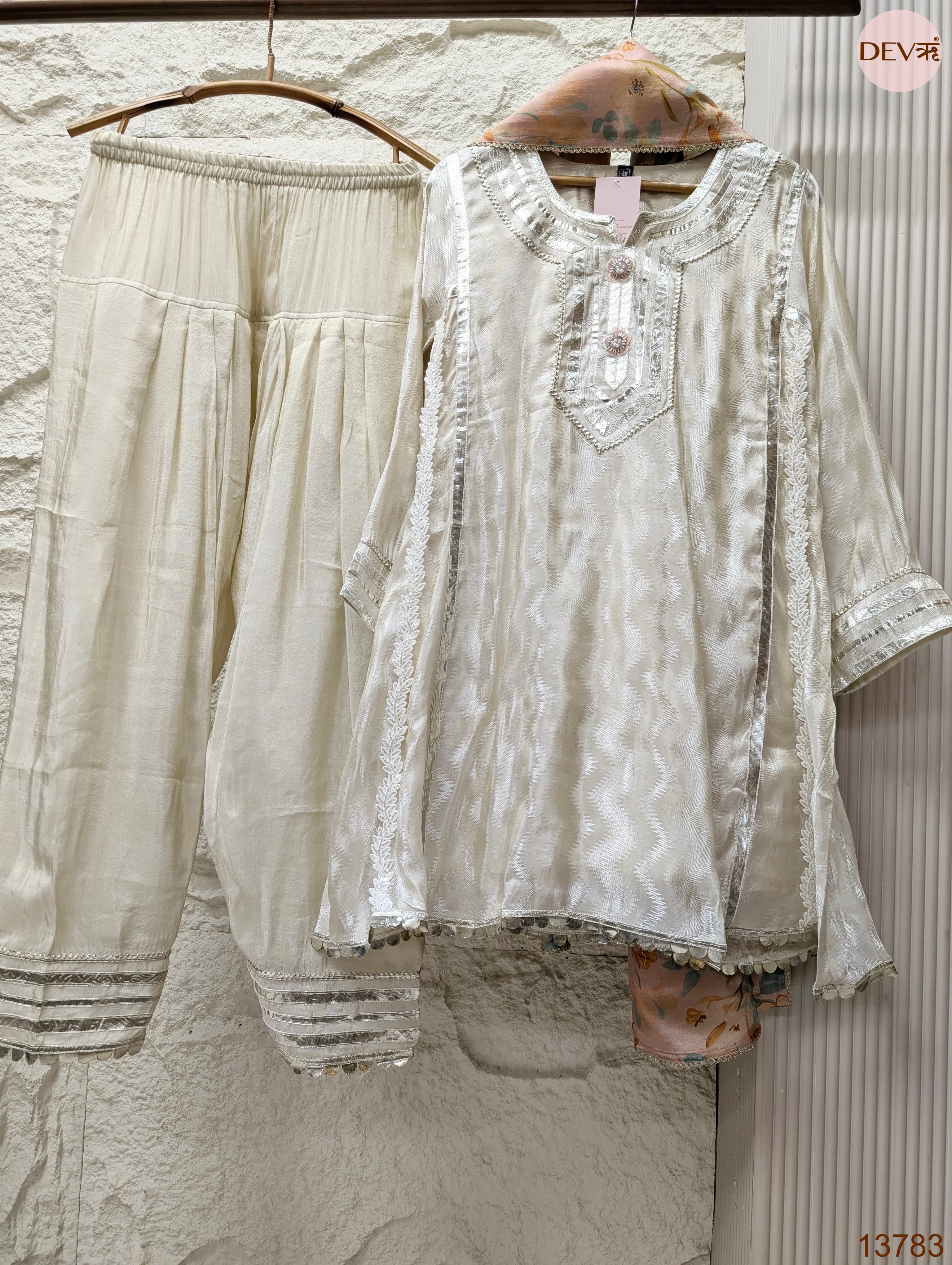 Noor Pure crepe silk Embroidered Ivory 3-Piece Set (Devri – D.No 13783)