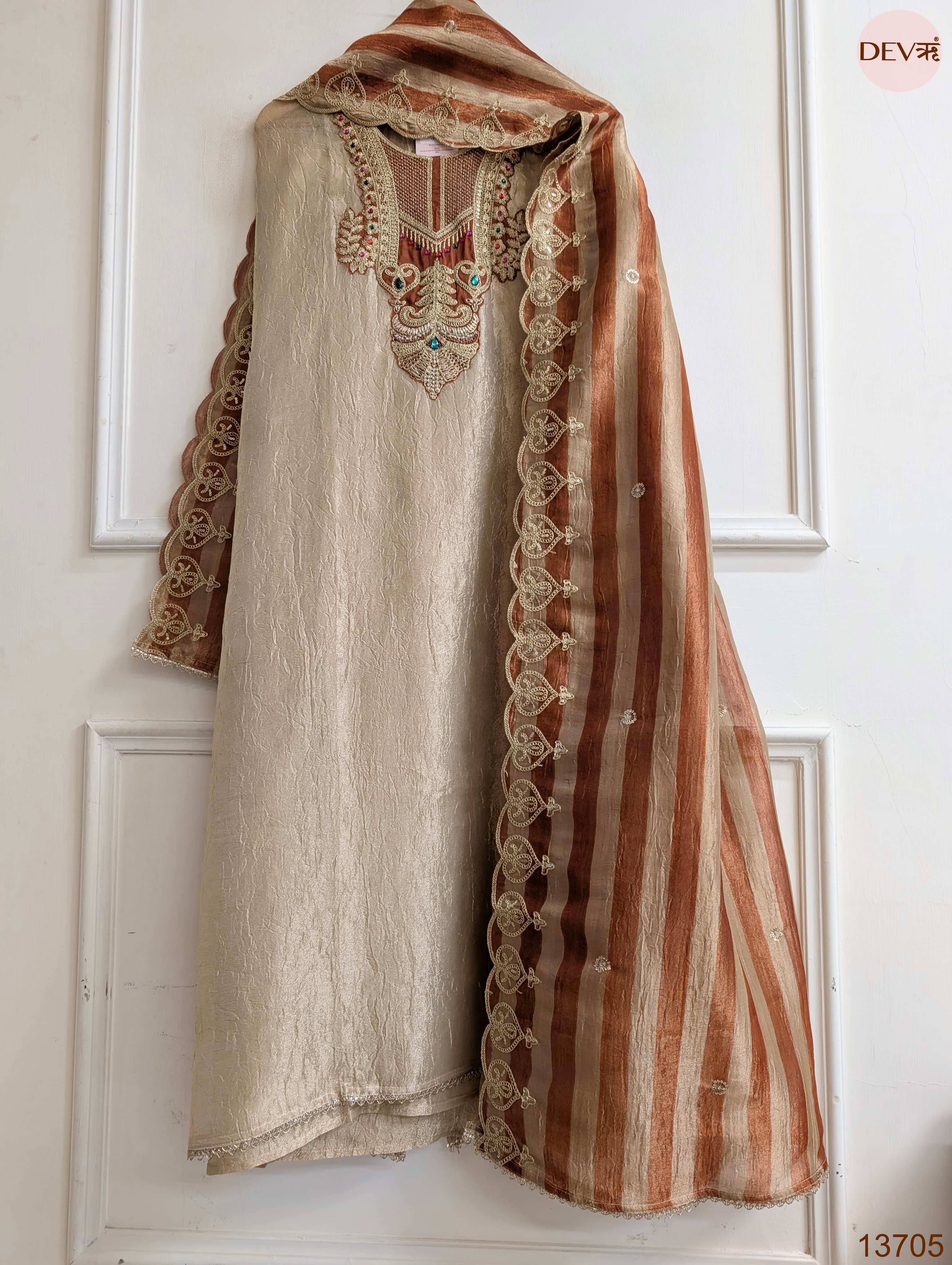 Beige Pure Tissue Silk Embroidered Unstitched 3-Piece Suit (Devri – D.No 13705)