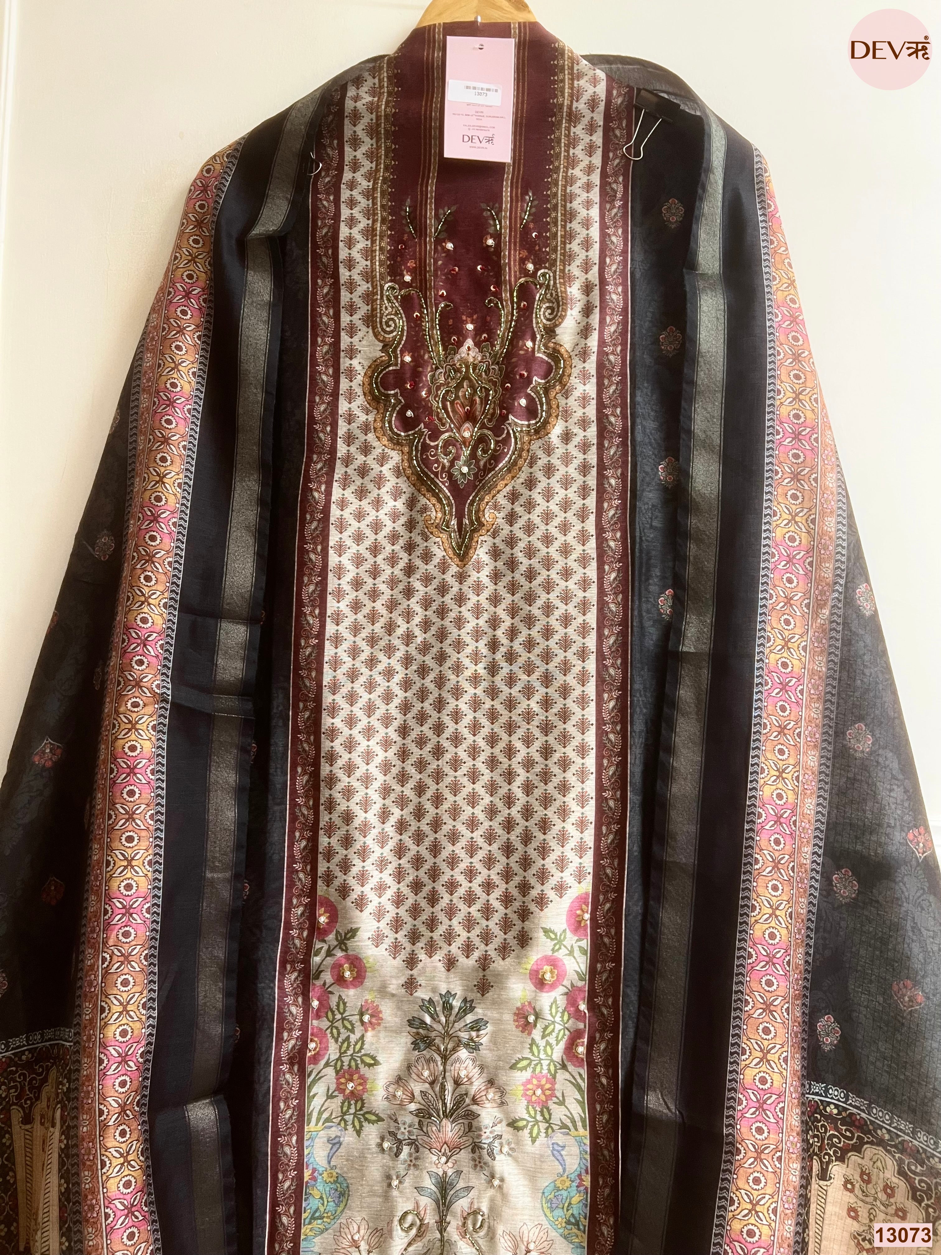 Black Linen Cotton Printed Unstitched 3-Piece Suit (Devri – D.No 13073)