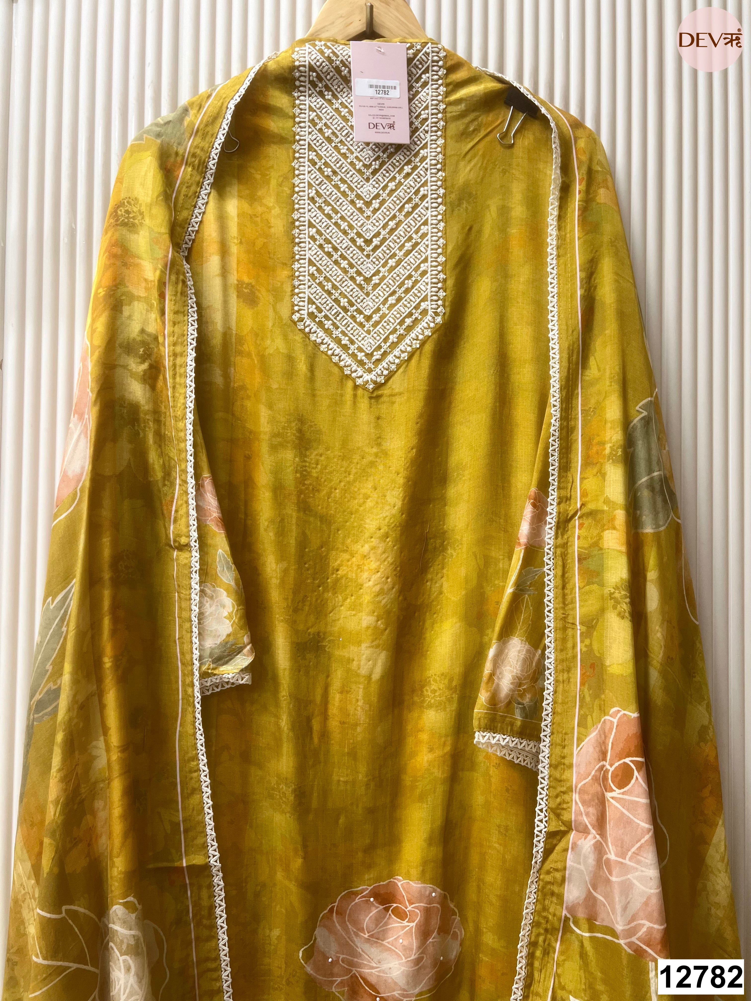 Mustard Muslin Printed Unstitched 3-Piece Suit (Devri – D.No 12782)
