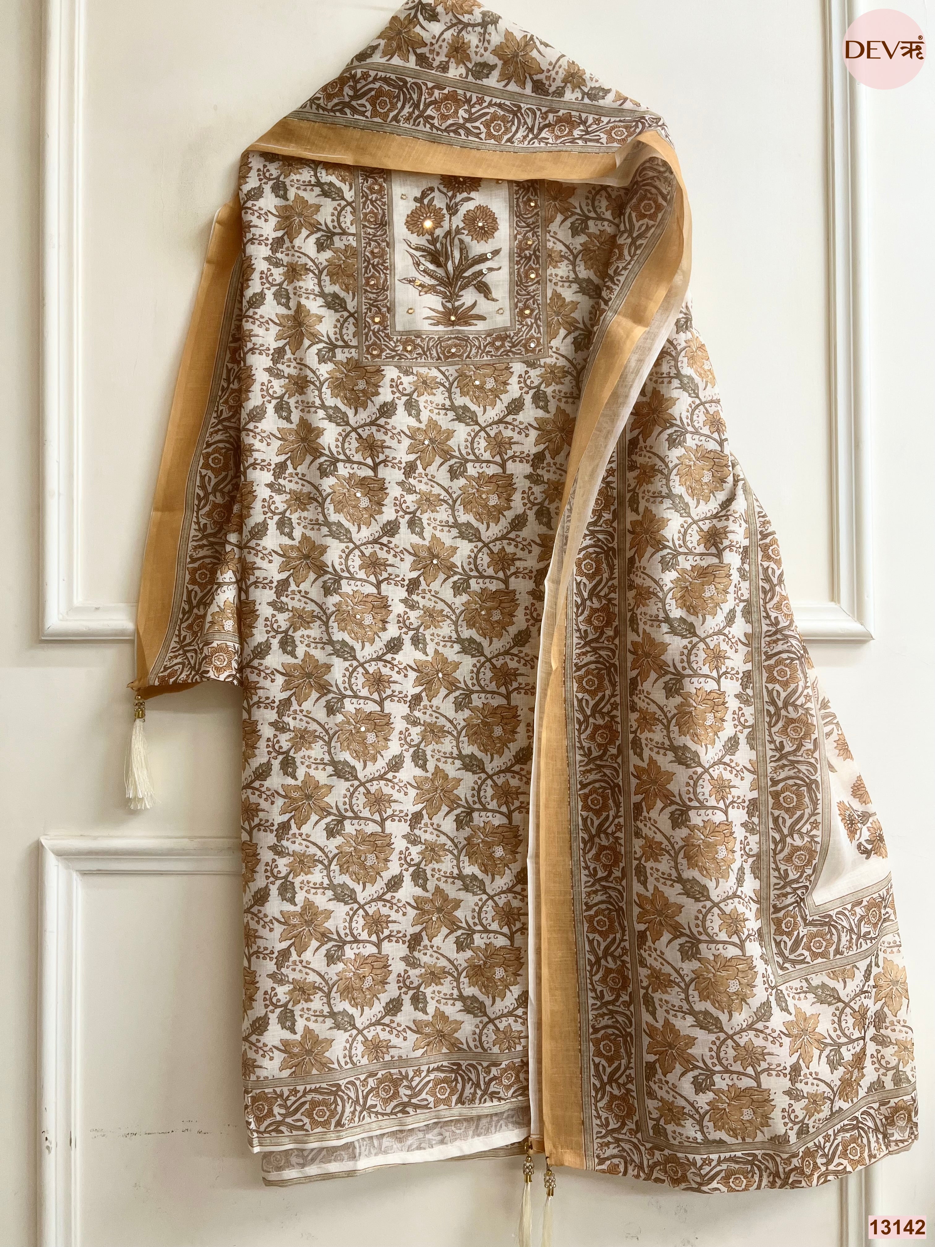 Cream Linen Printed Unstitched 3-Piece Suit (Devri – D.No 13142)