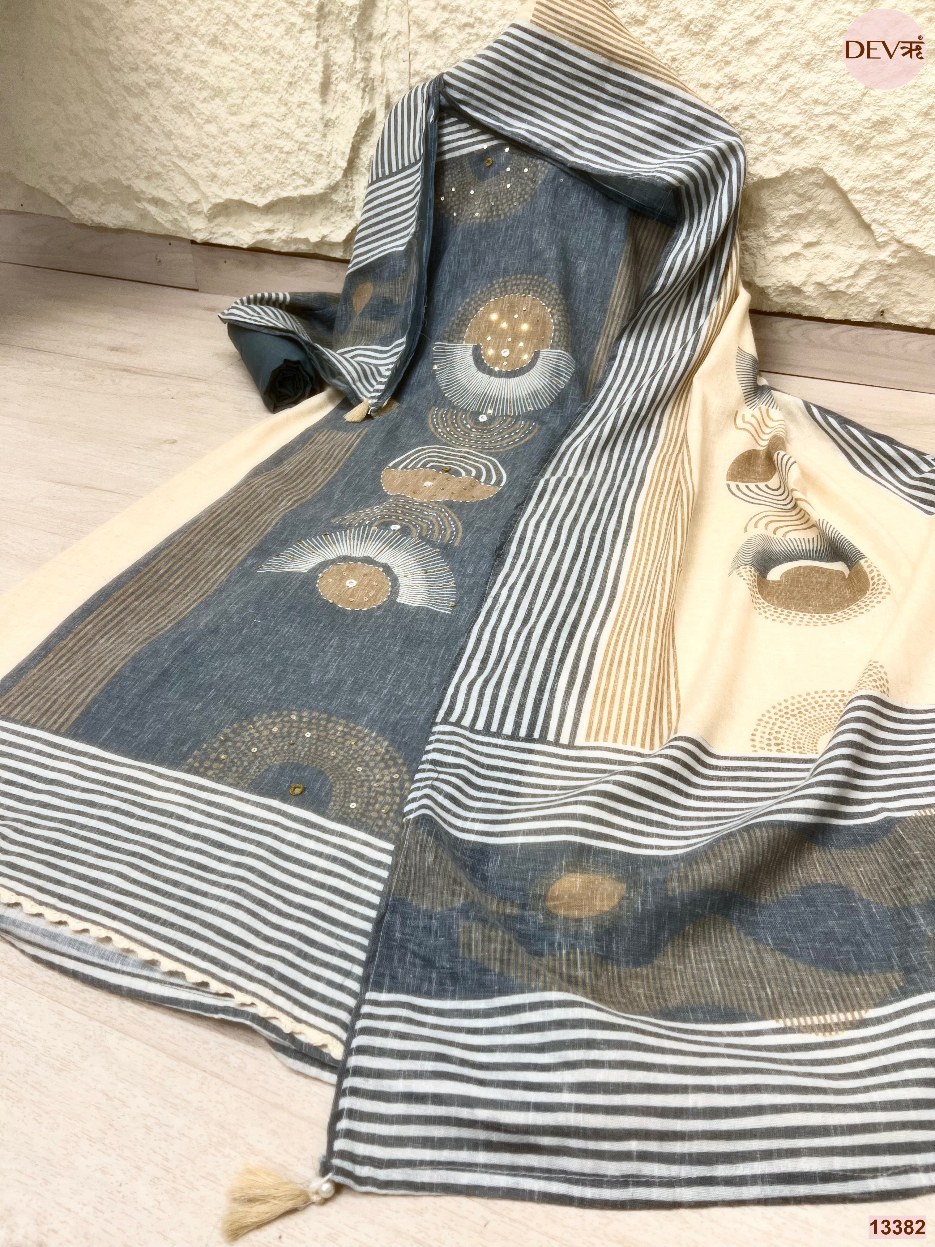 Blue Khadi Cotton Printed Unstitched 3-Piece Suit (Devri – D.No 13382)