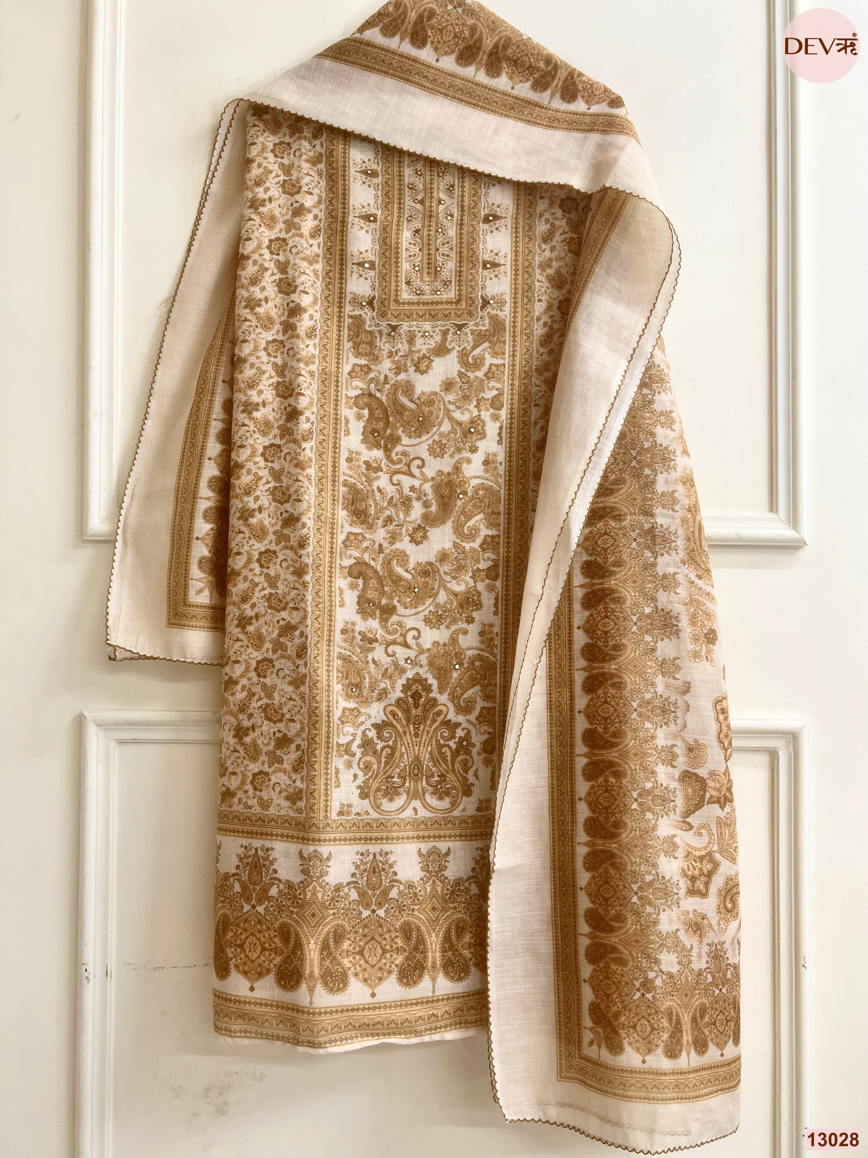 Cream Linen Printed Unstitched 3-Piece Suit (Devri – D.No 13028)