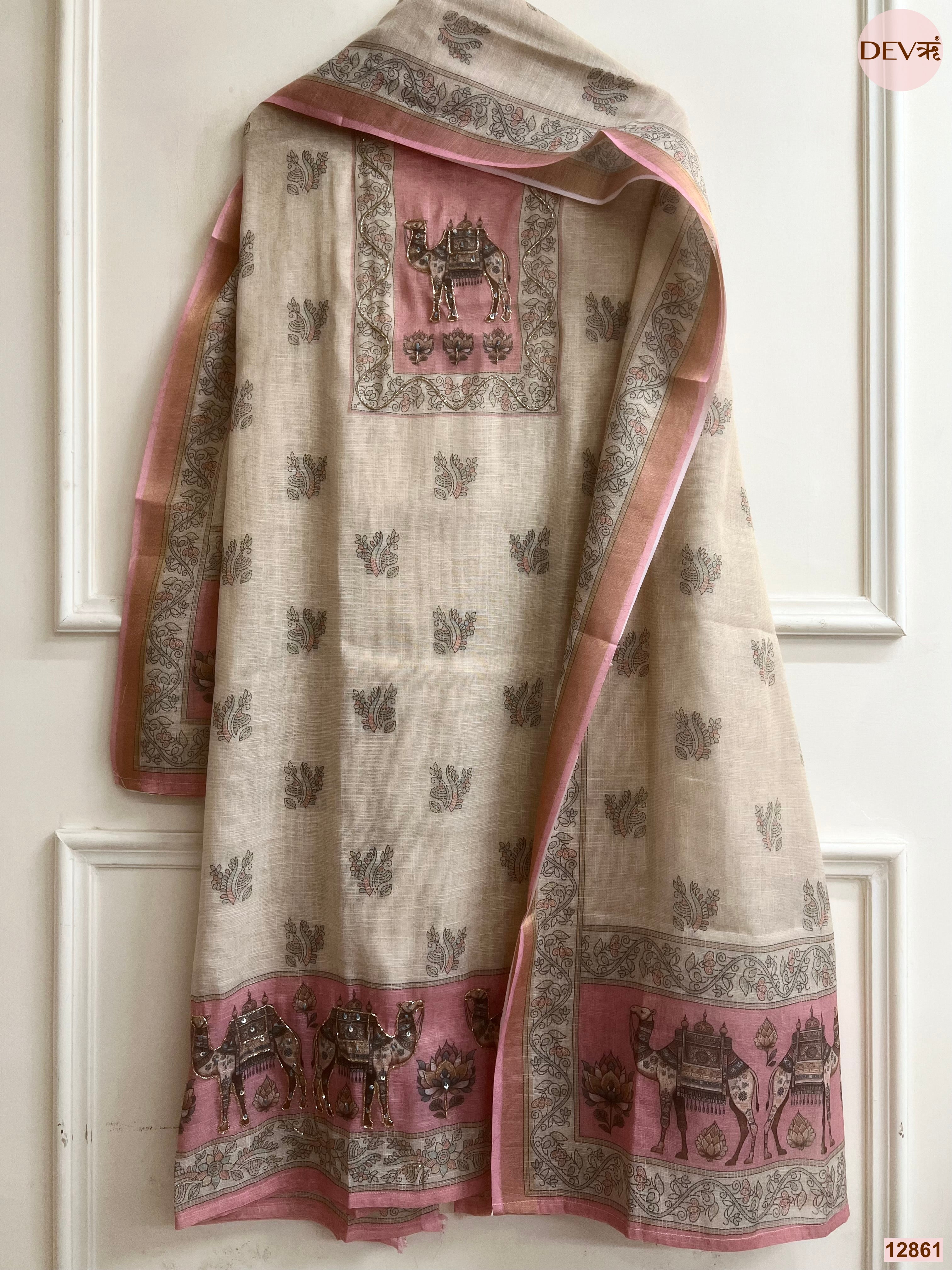 Pink Linen Cotton Printed Unstitched 3-Piece Suit (Devri – D.No 12861)