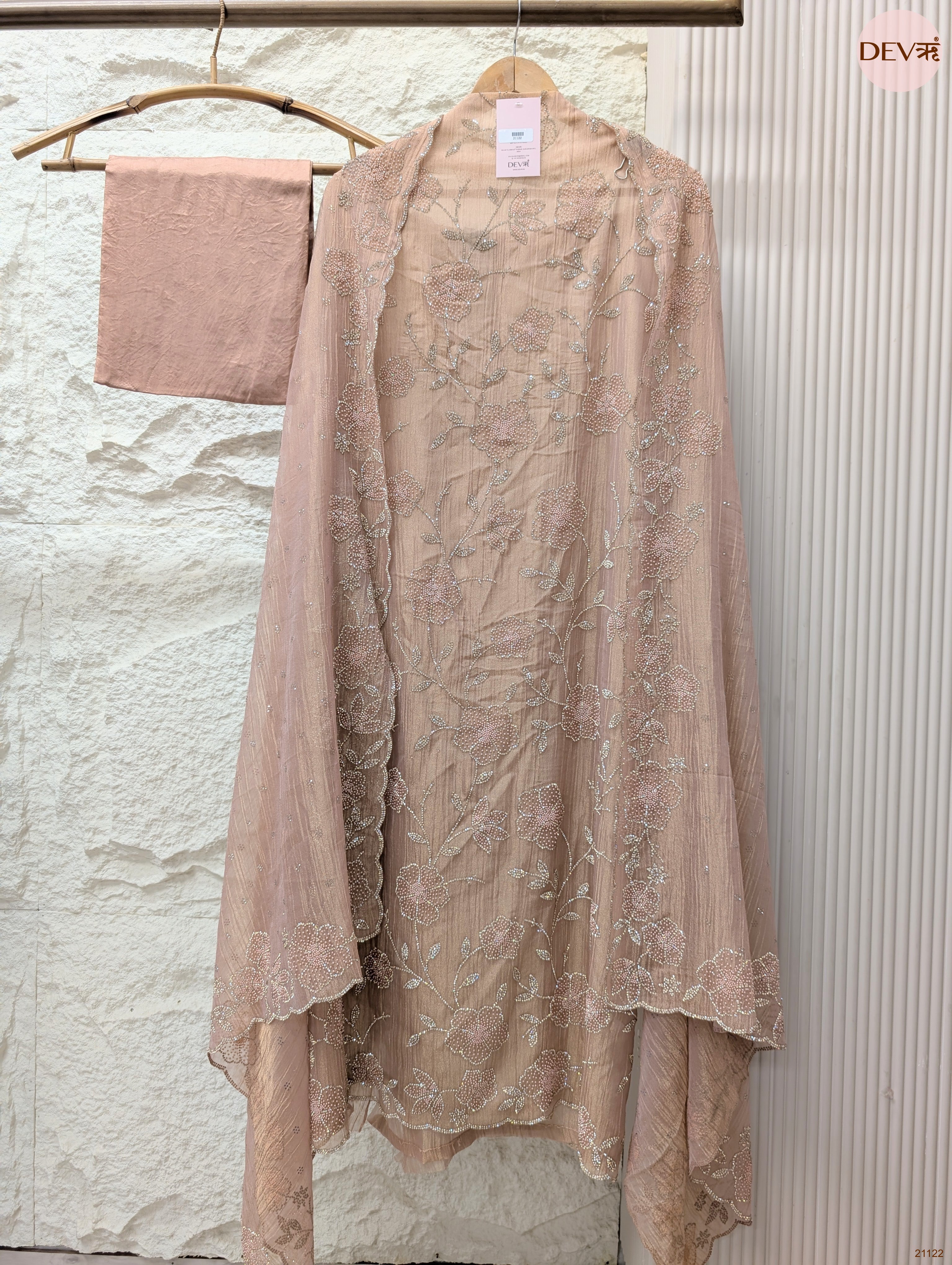 Peach Pure Tissue Crush Silk Embroidered Unstitched 3-Piece Suit (Devri – D.No 21122)