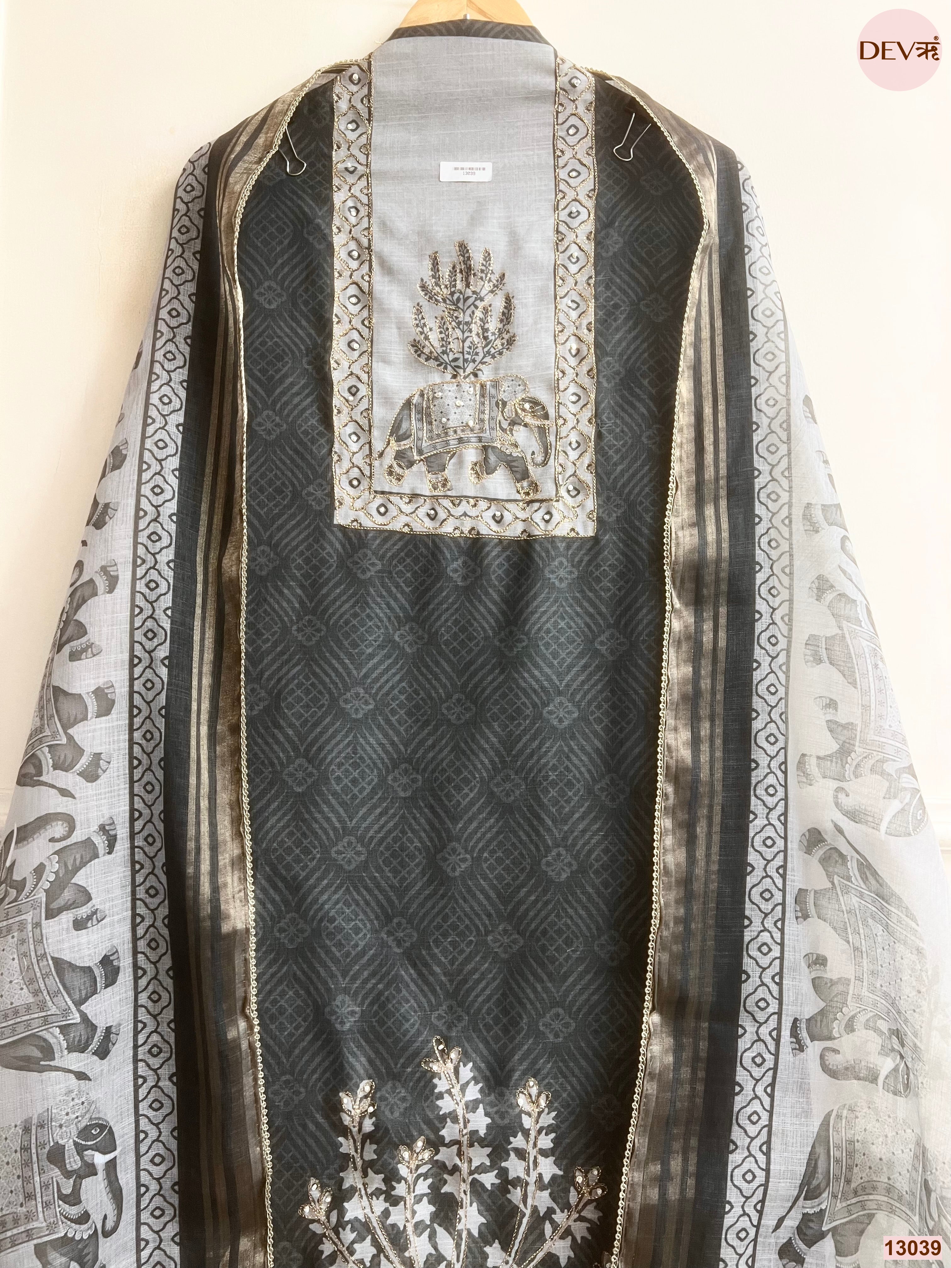 Green Linen Cotton Printed Unstitched 3-Piece Suit (Devri – D.No 13039)