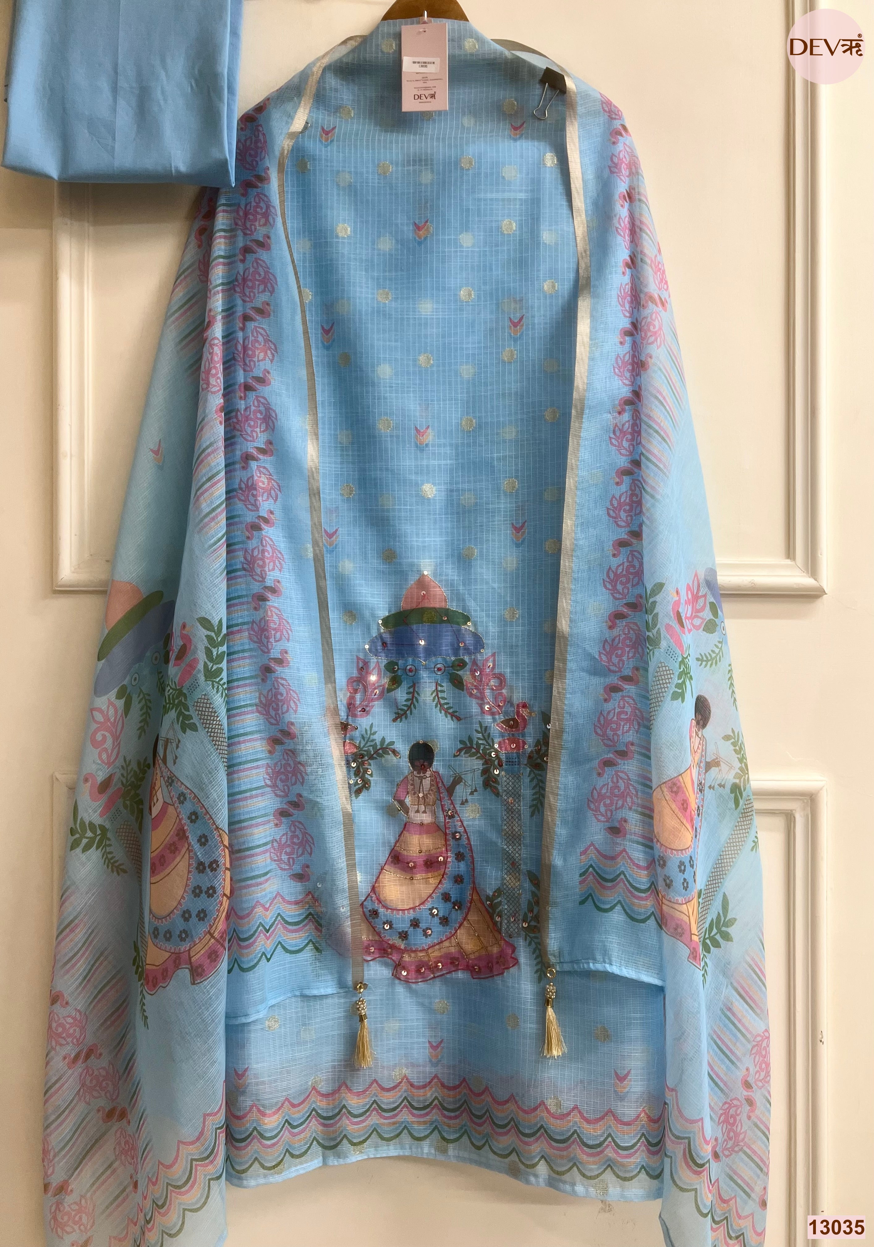 Blue Kota Zari Printed Unstitched 3-Piece Suit (Devri – D.No 13035)