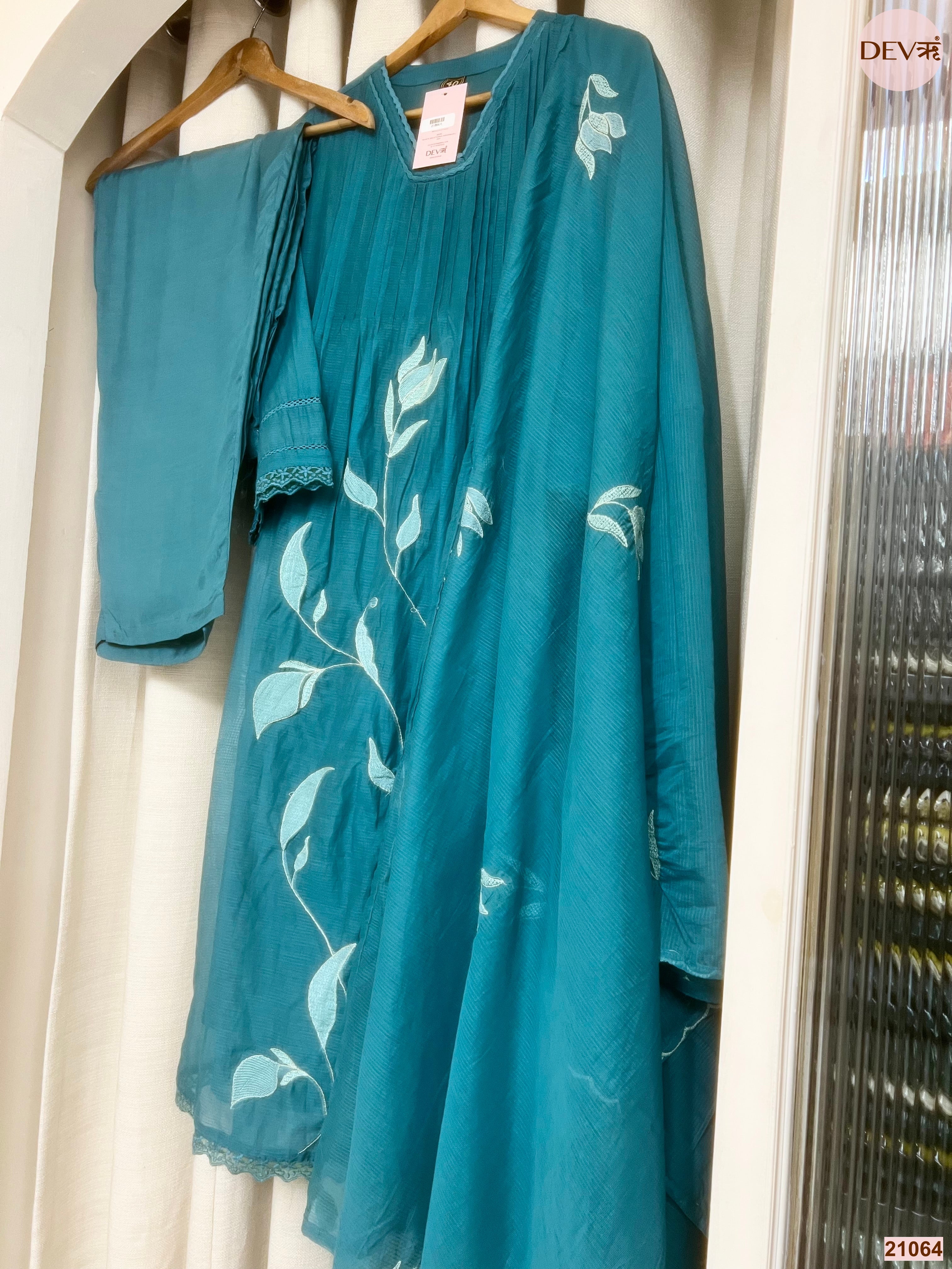 Neelambara Mul cotton Embroidered Teal 3-Piece Set (Devri – D.No 21064)