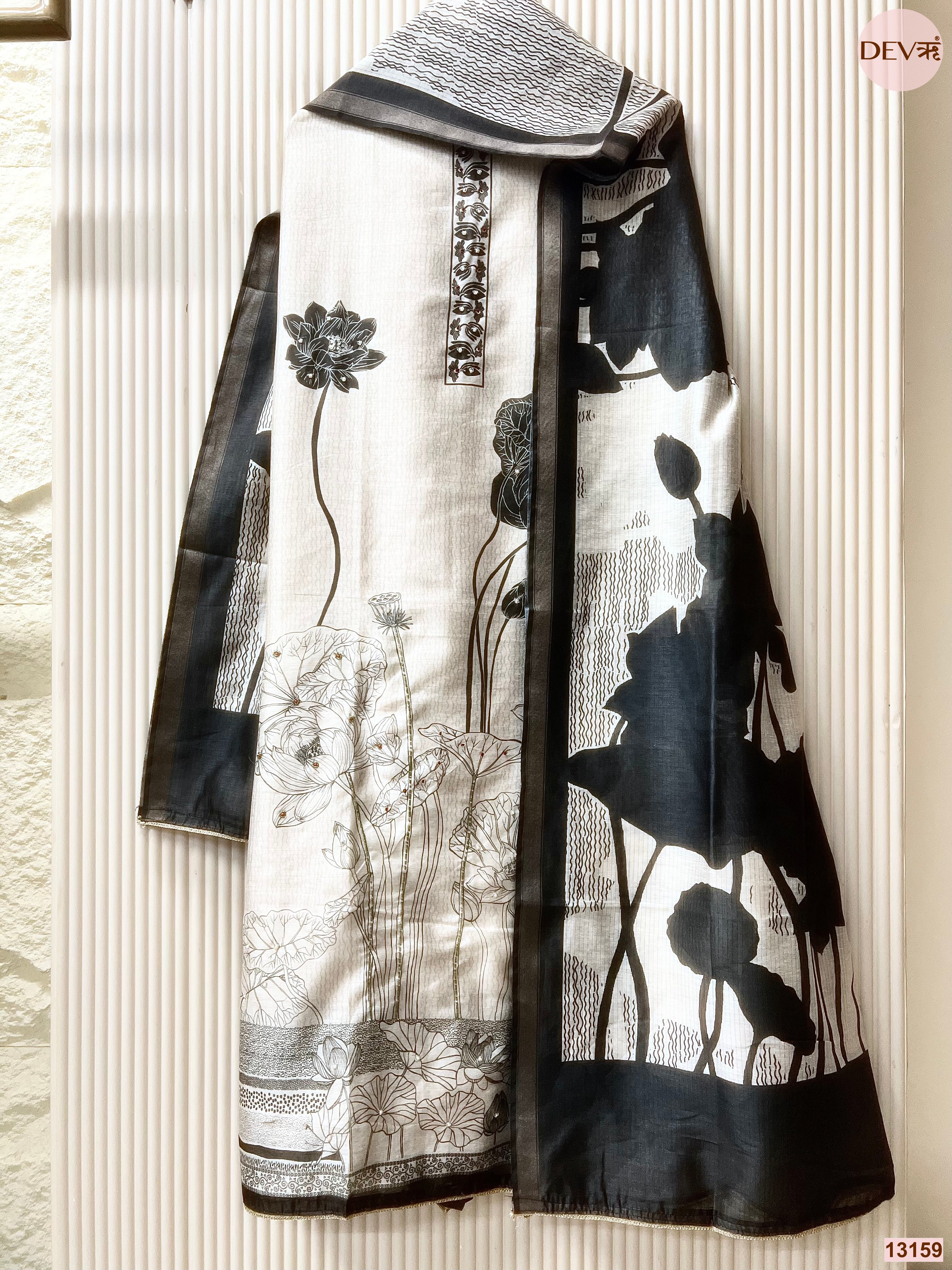 White Mul Chanderi Printed Unstitched 3-Piece Suit (Devri – D.No 13159)