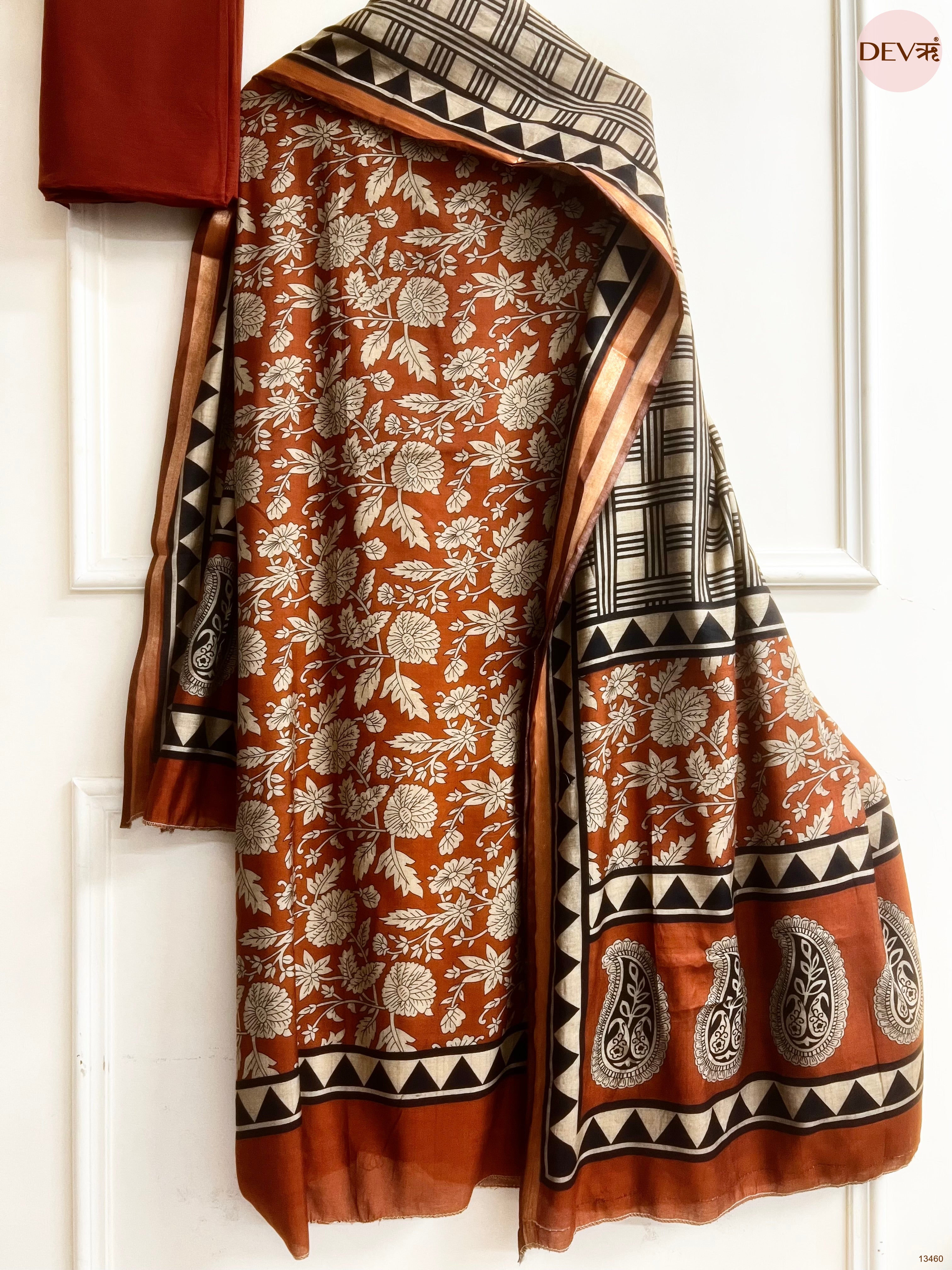 Rust Maheshwari Silk Printed Unstitched 3-Piece Suit (Devri – D.No 13460)