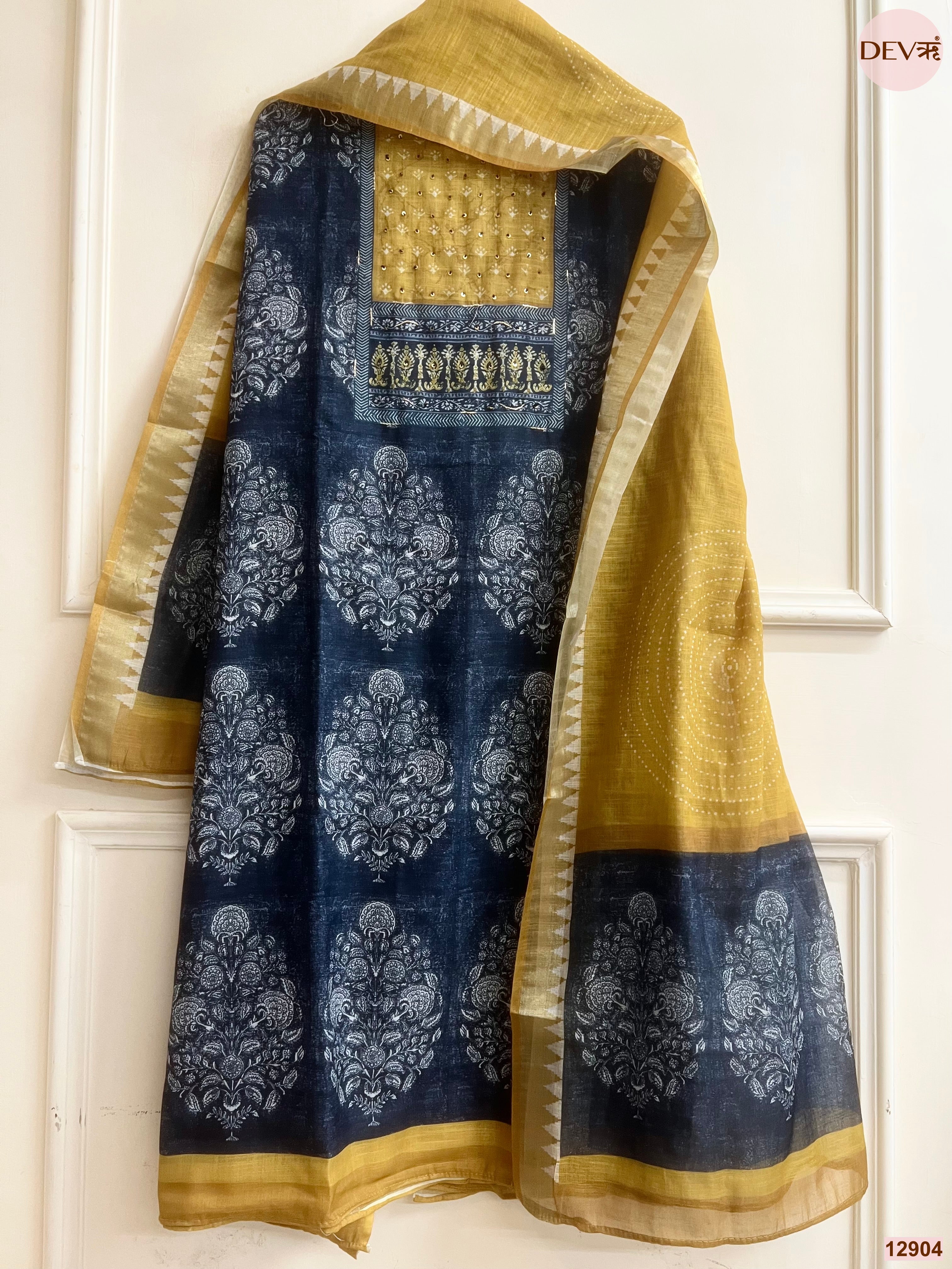 Mustard Linen Cotton Printed Unstitched 3-Piece Suit (Devri – D.No 12904)