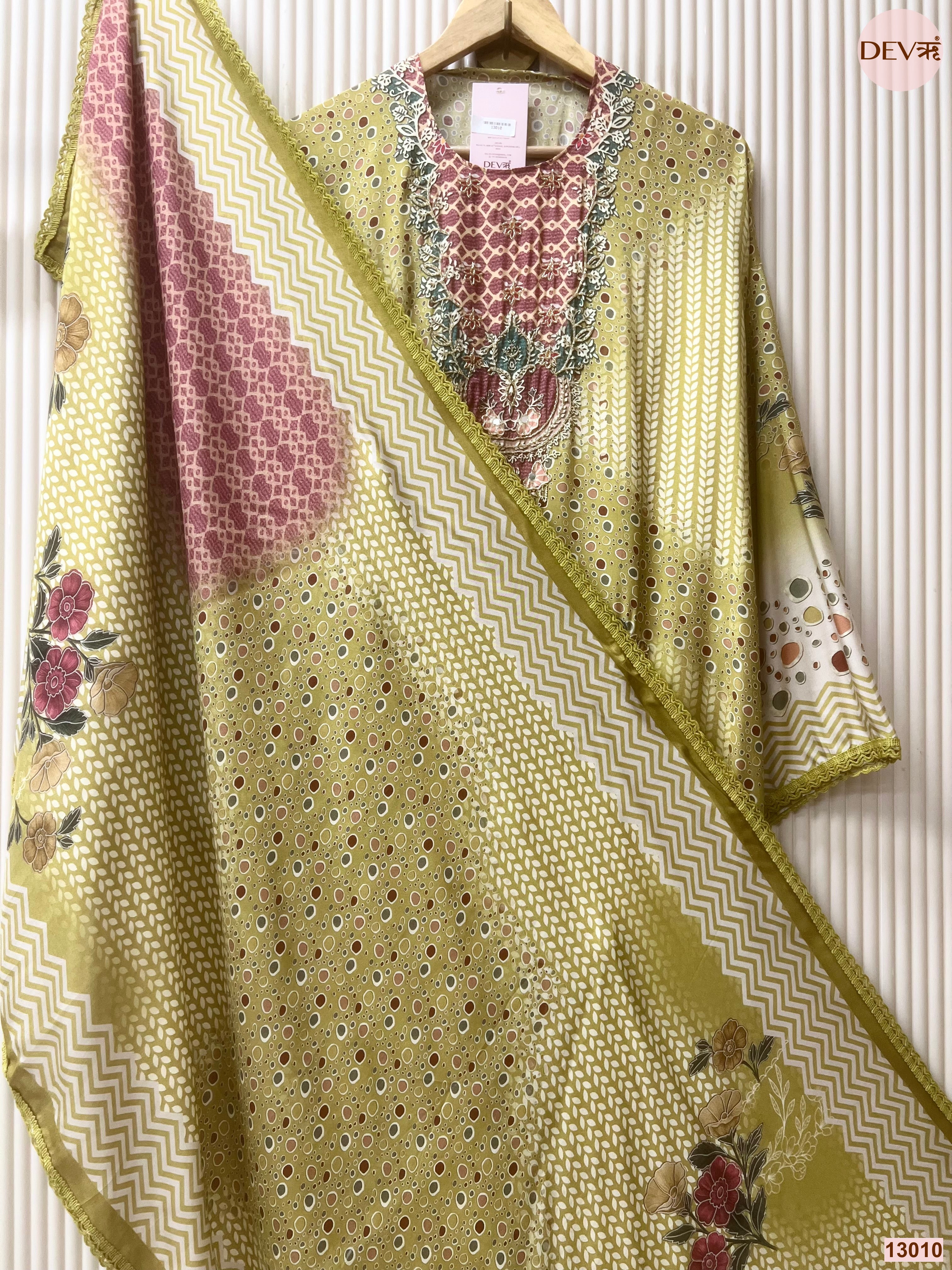 Olive Muslin Printed Unstitched 3-Piece Suit (Devri – D.No 13010)