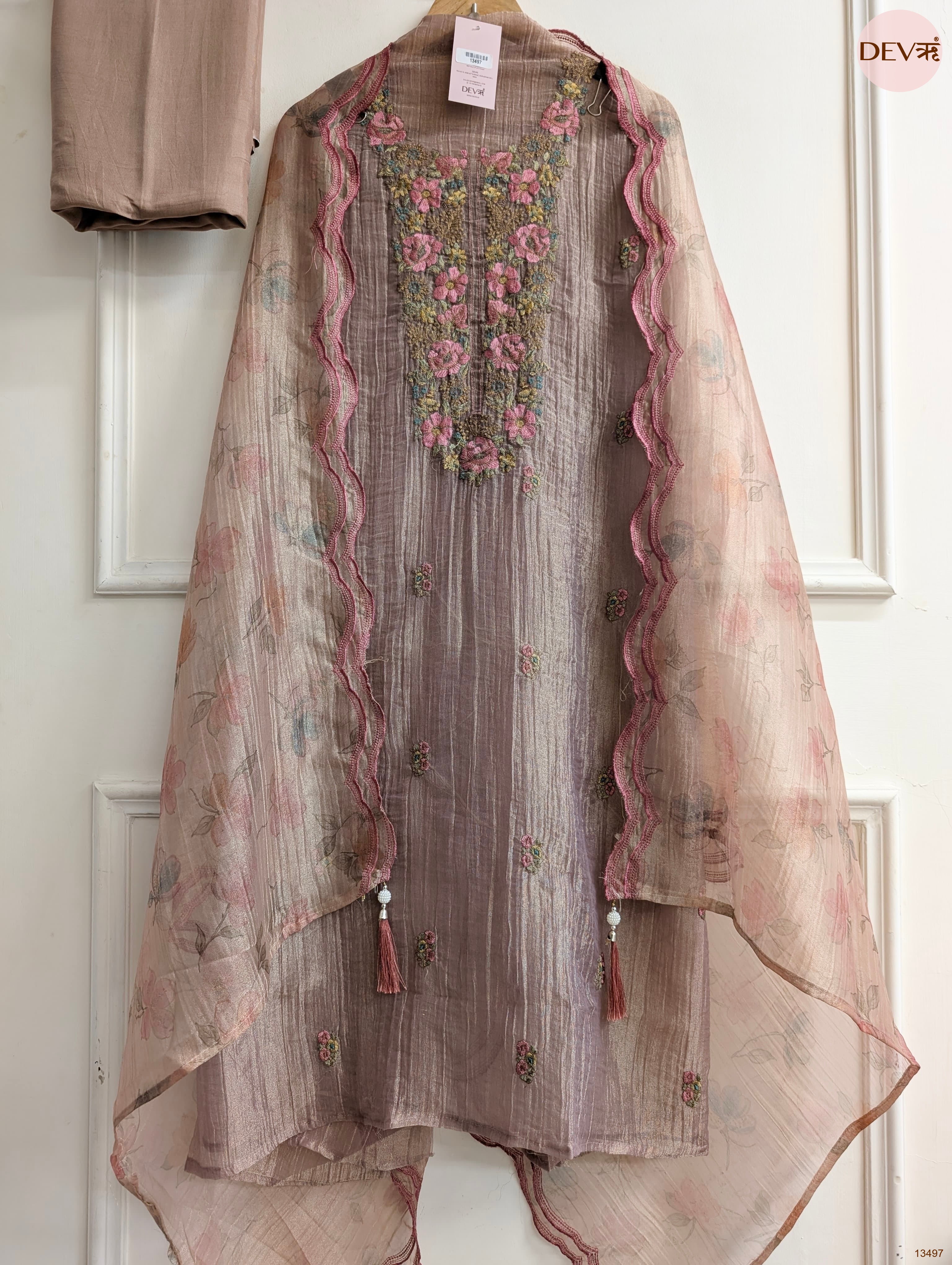 Taupe Tissue Crush Silk Embroidered Unstitched 3-Piece Suit (Devri – D.No 13497)