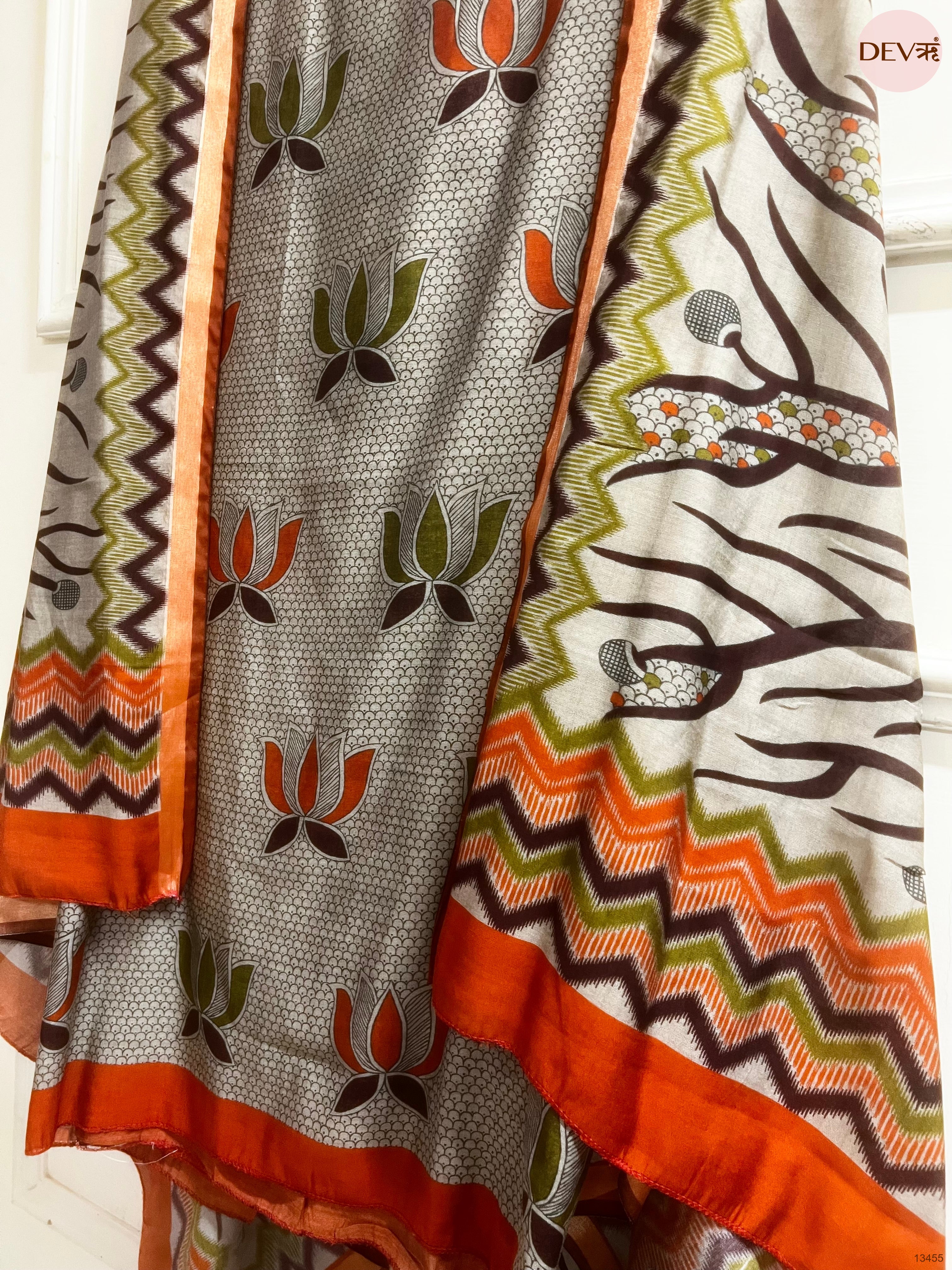 Grey Maheshwari Silk Printed Unstitched 3-Piece Suit (Devri – D.No 13455)