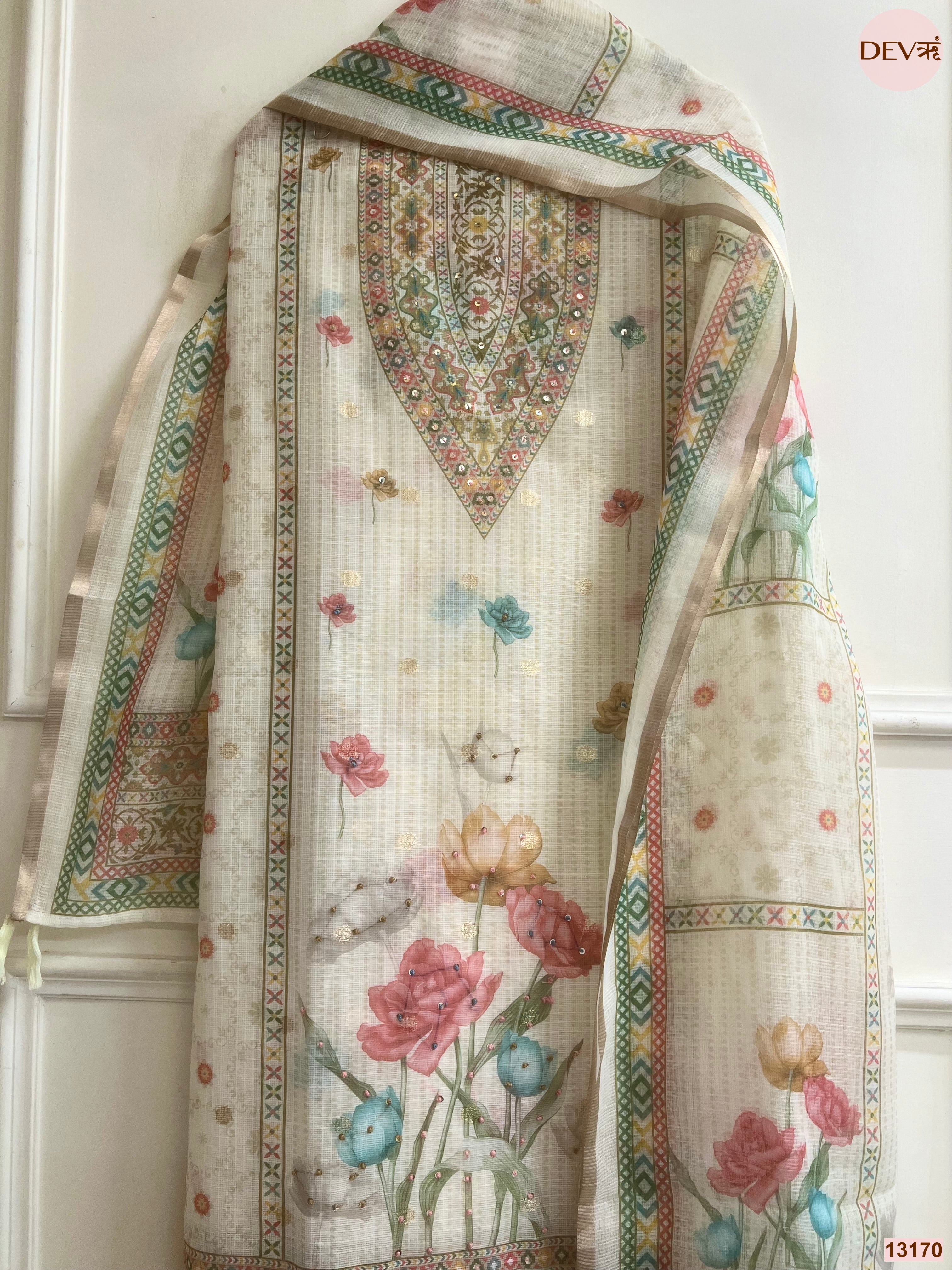 Cream Kota Printed Unstitched 3-Piece Suit (Devri – D.No 13170)