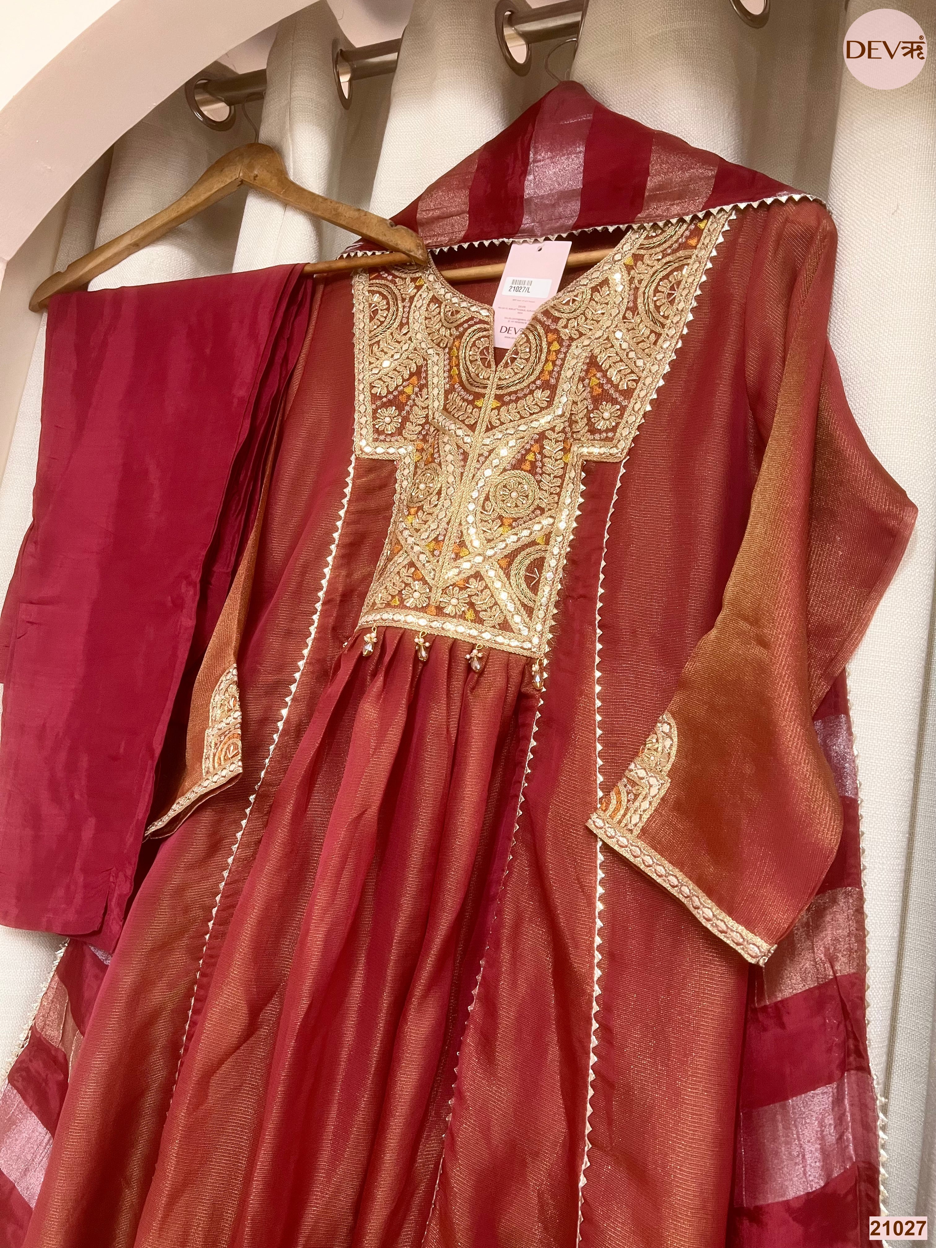 Zarmina Tissue silk Embroidered Rust 3-Piece Set (Devri – D.No 21027)