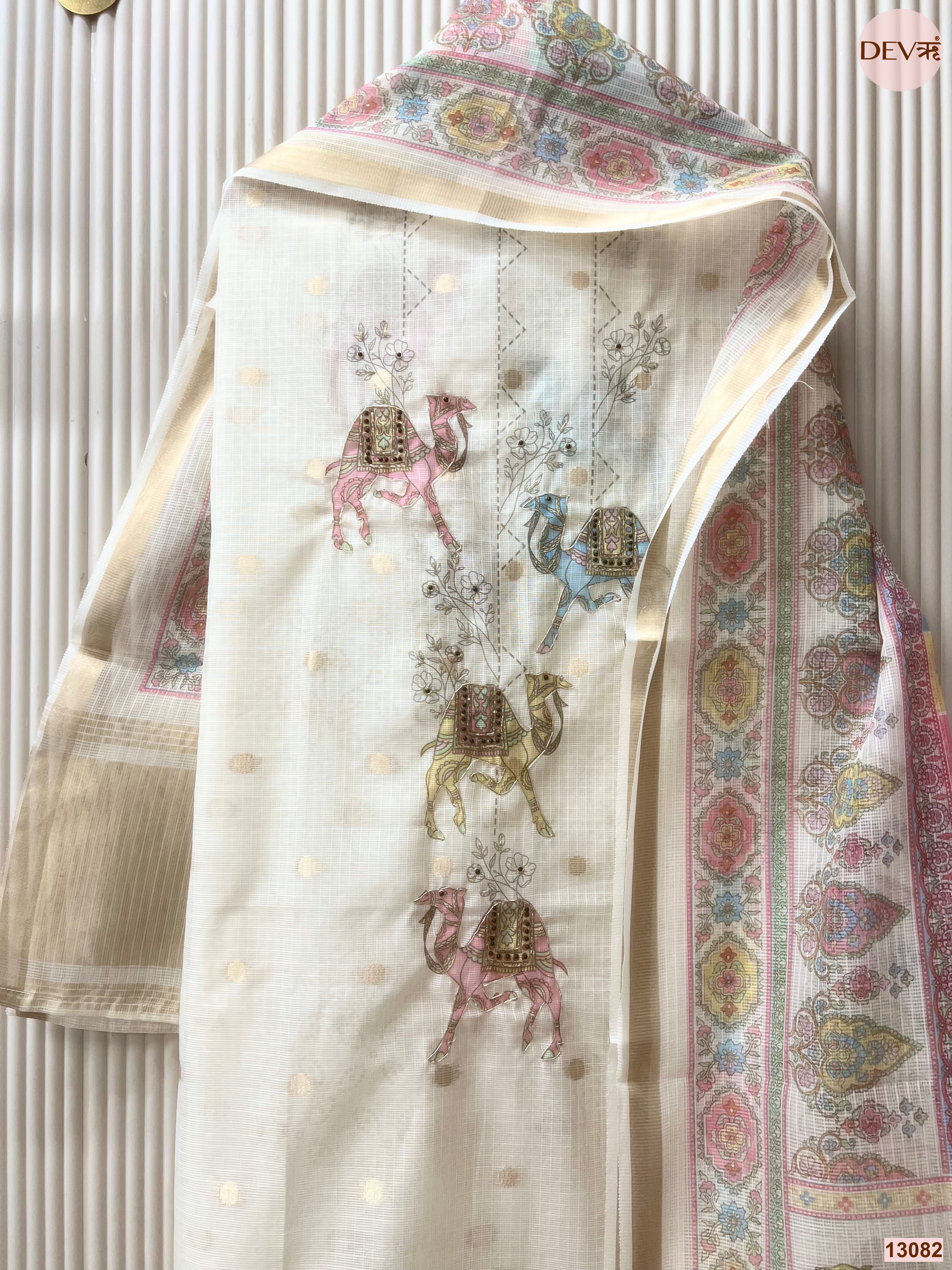 Cream Kota Printed Unstitched 3-Piece Suit (Devri – D.No 13082)