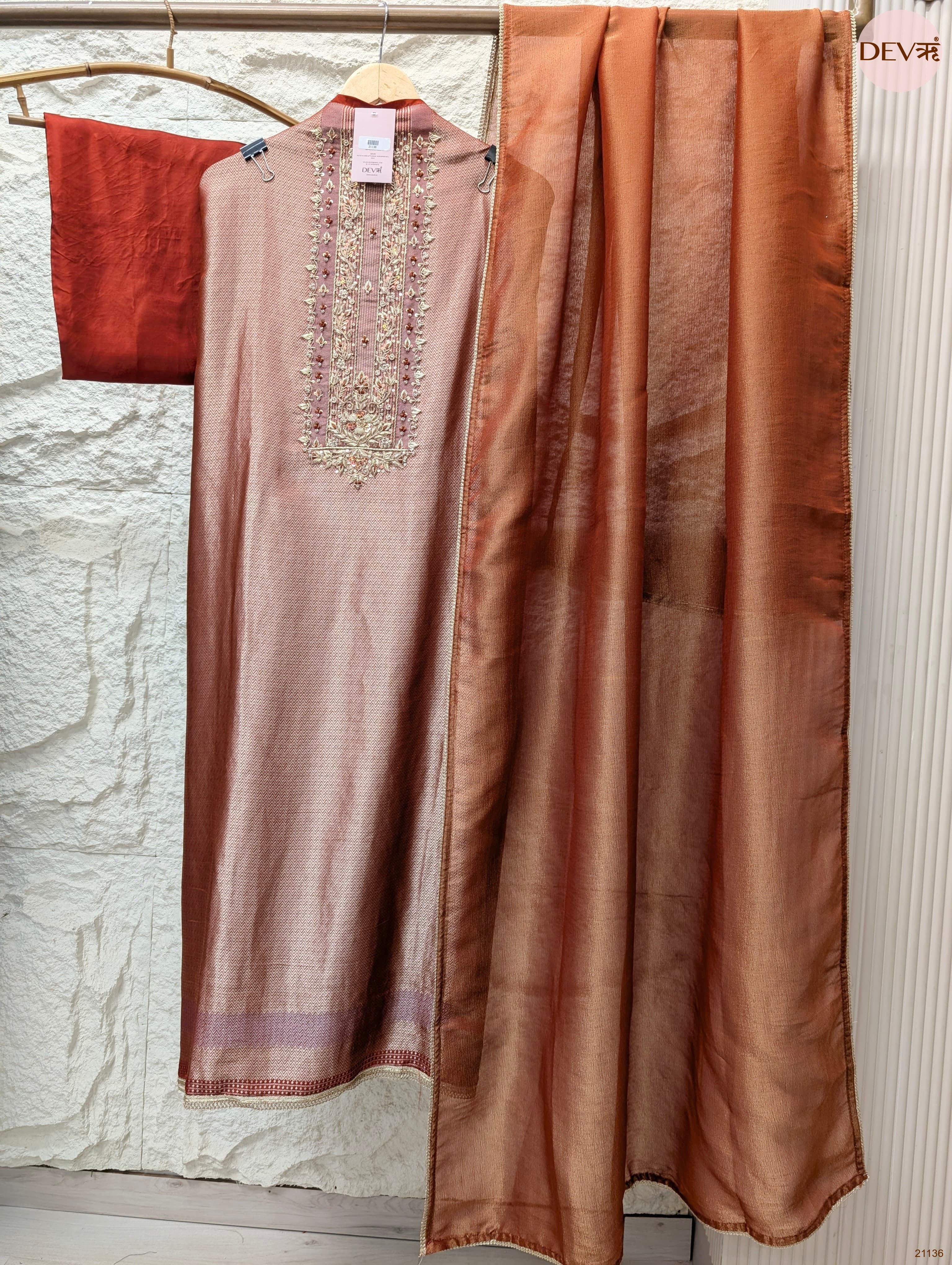 Rust Pure Giraffe Banarasi Silk Embroidered Unstitched 3-Piece Suit (Devri – D.No 21136)