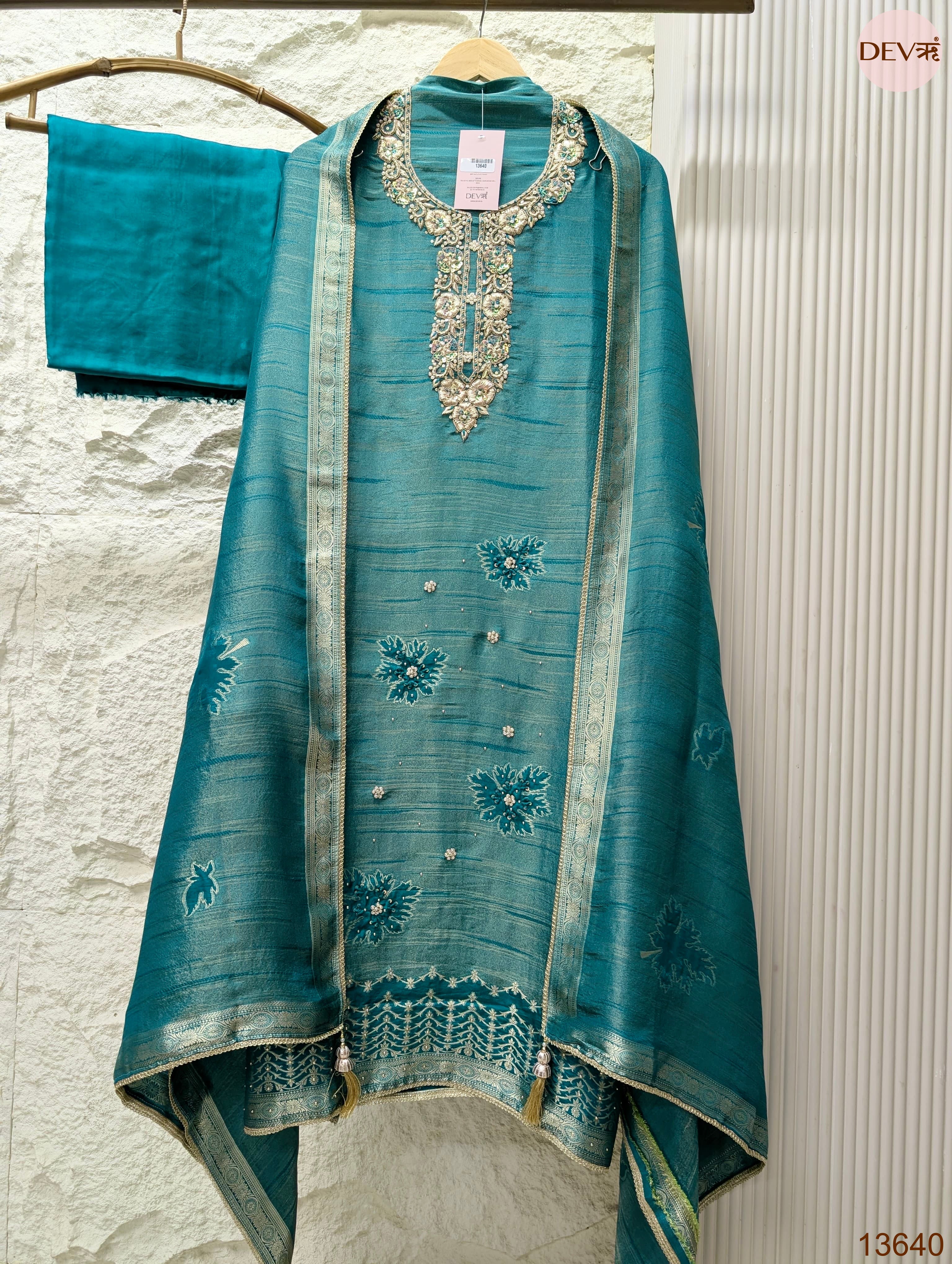 Teal Pure Girafe Banarasi Silk Embroidered Unstitched 3-Piece Suit (Devri – D.No 13640)