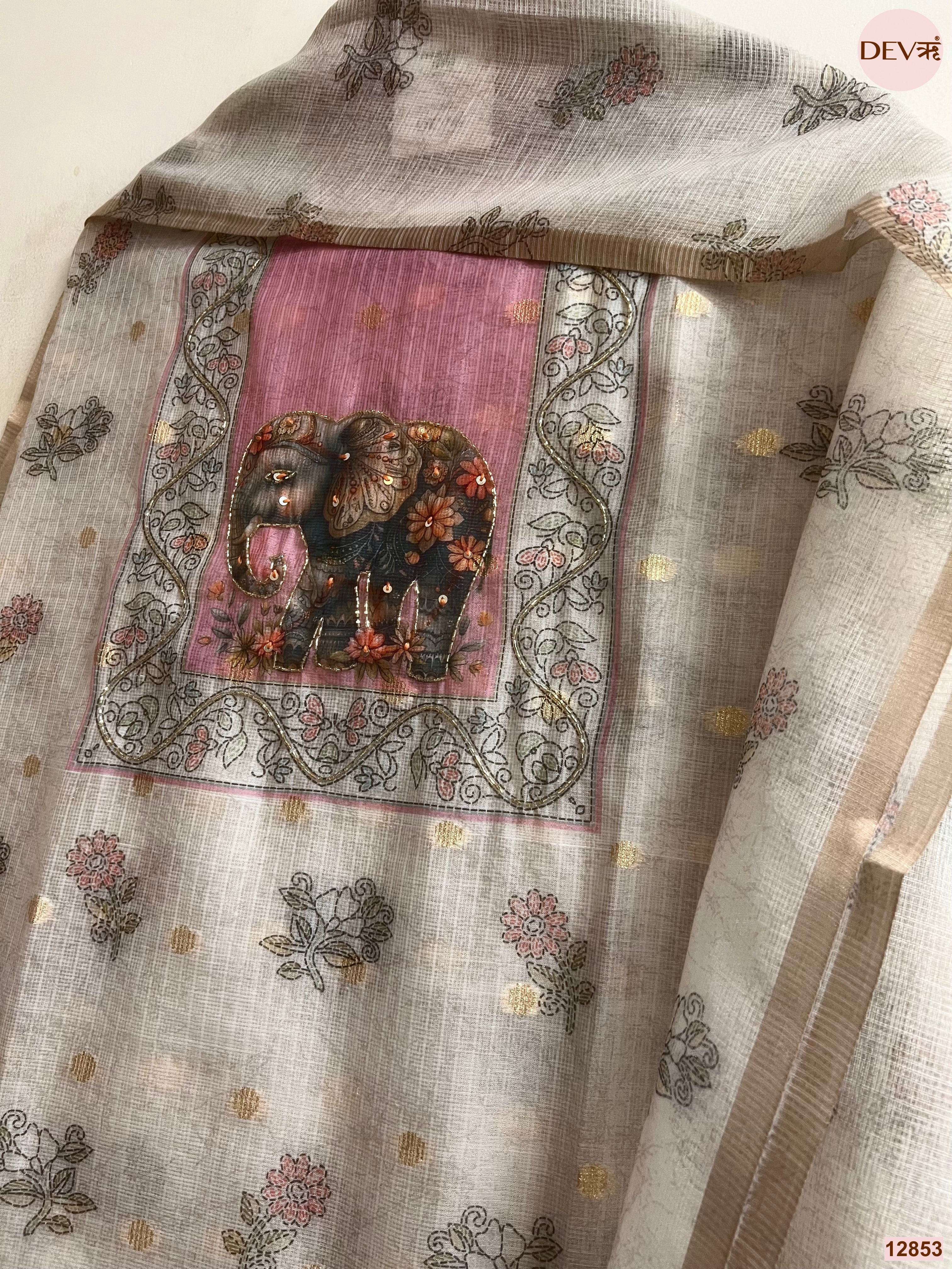 Pink Linen Cotton Printed Unstitched 3-Piece Suit (Devri – D.No 12853)