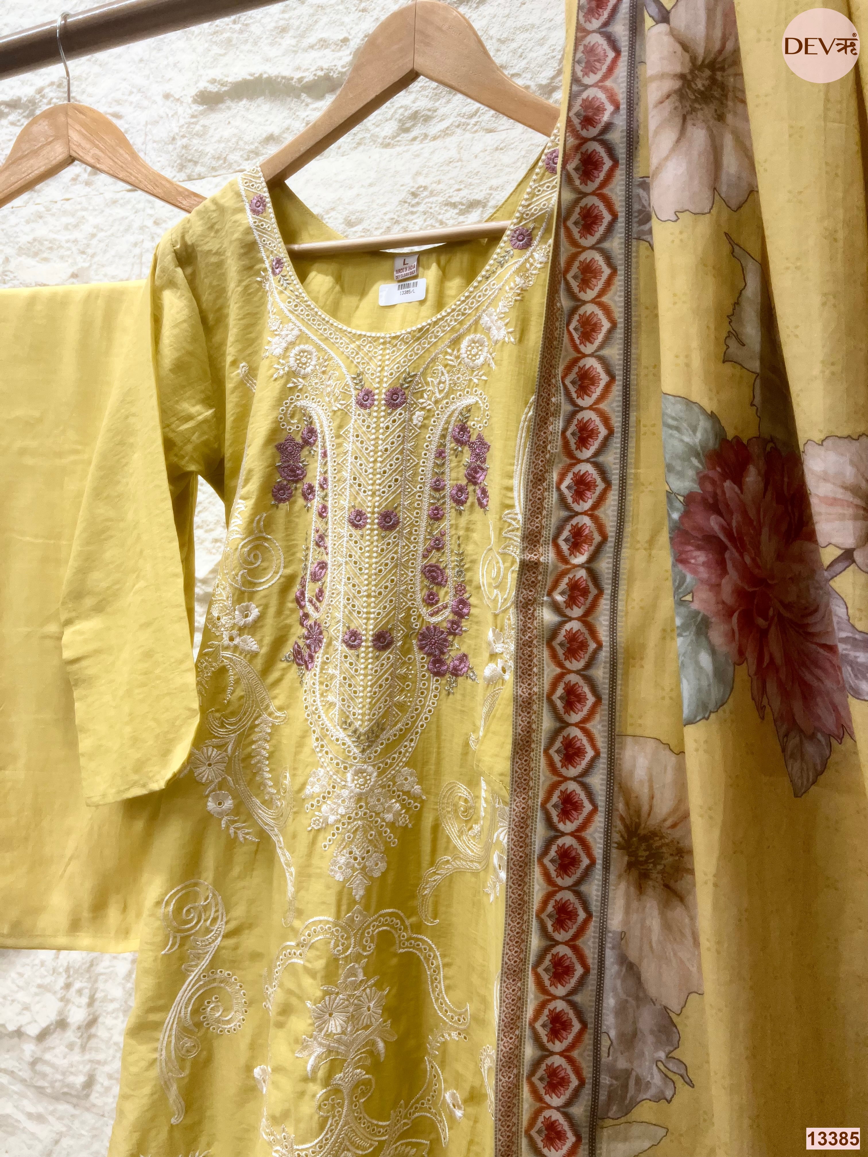 Gulnaar Pure Mul Cotton Embroidered Yellow 3-Piece Set (Devri – D.No 13385)