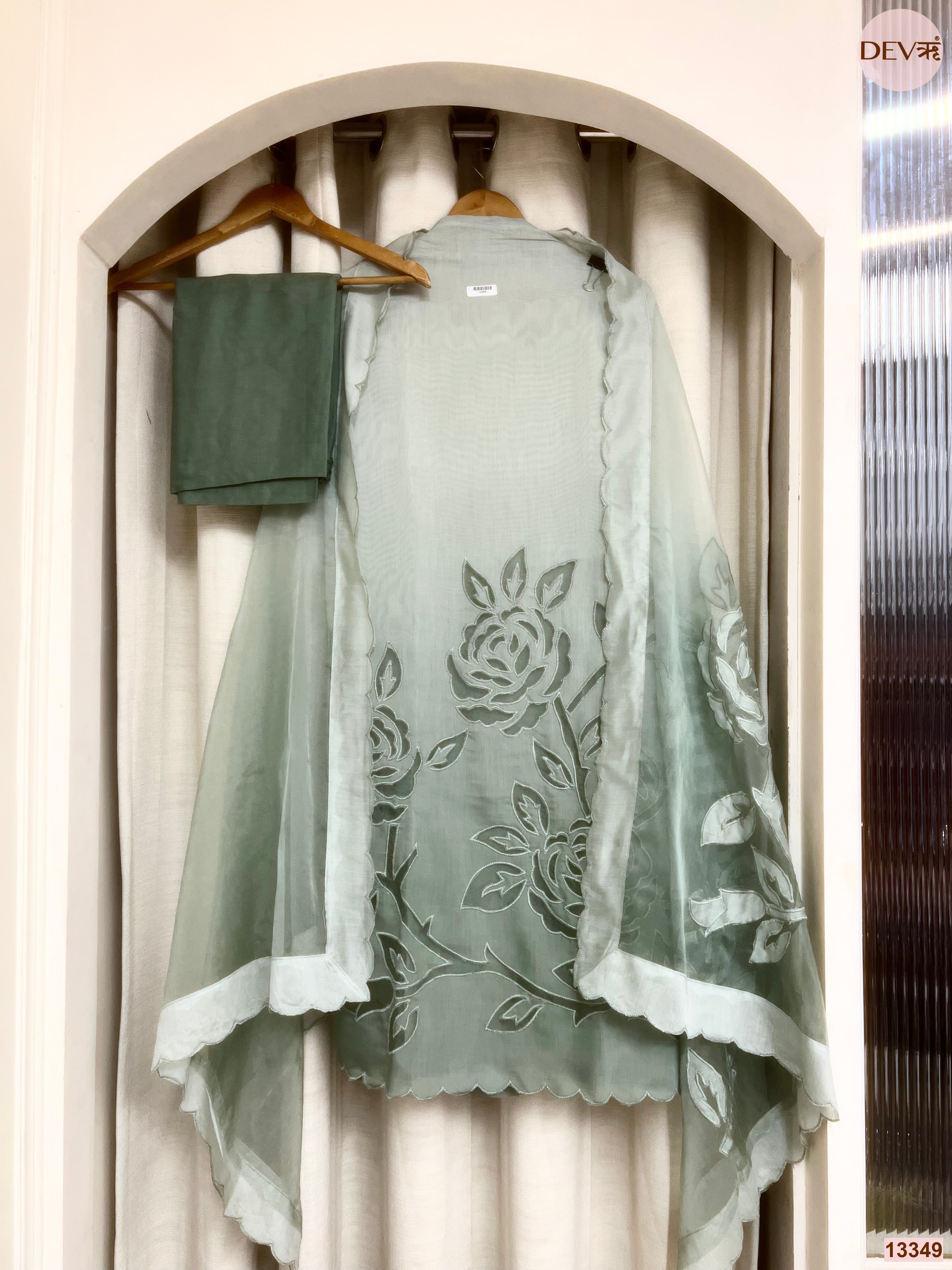 Sage Mul Chanderi Embroidered Unstitched 3-Piece Suit (Devri – D.No 13349)