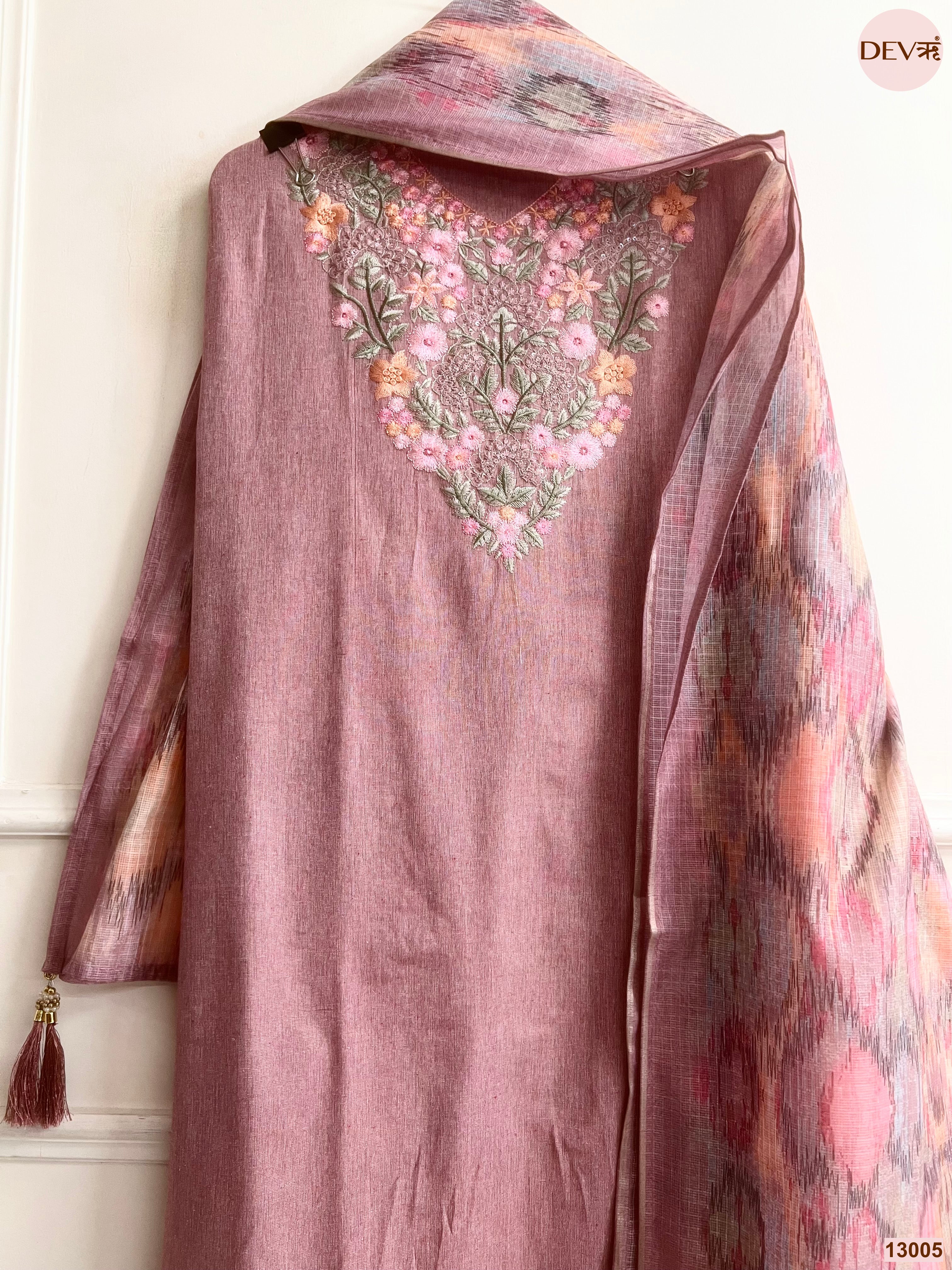 Mauve Cotton Handloom Embroidered Unstitched 3-Piece Suit (Devri – D.No 13005)