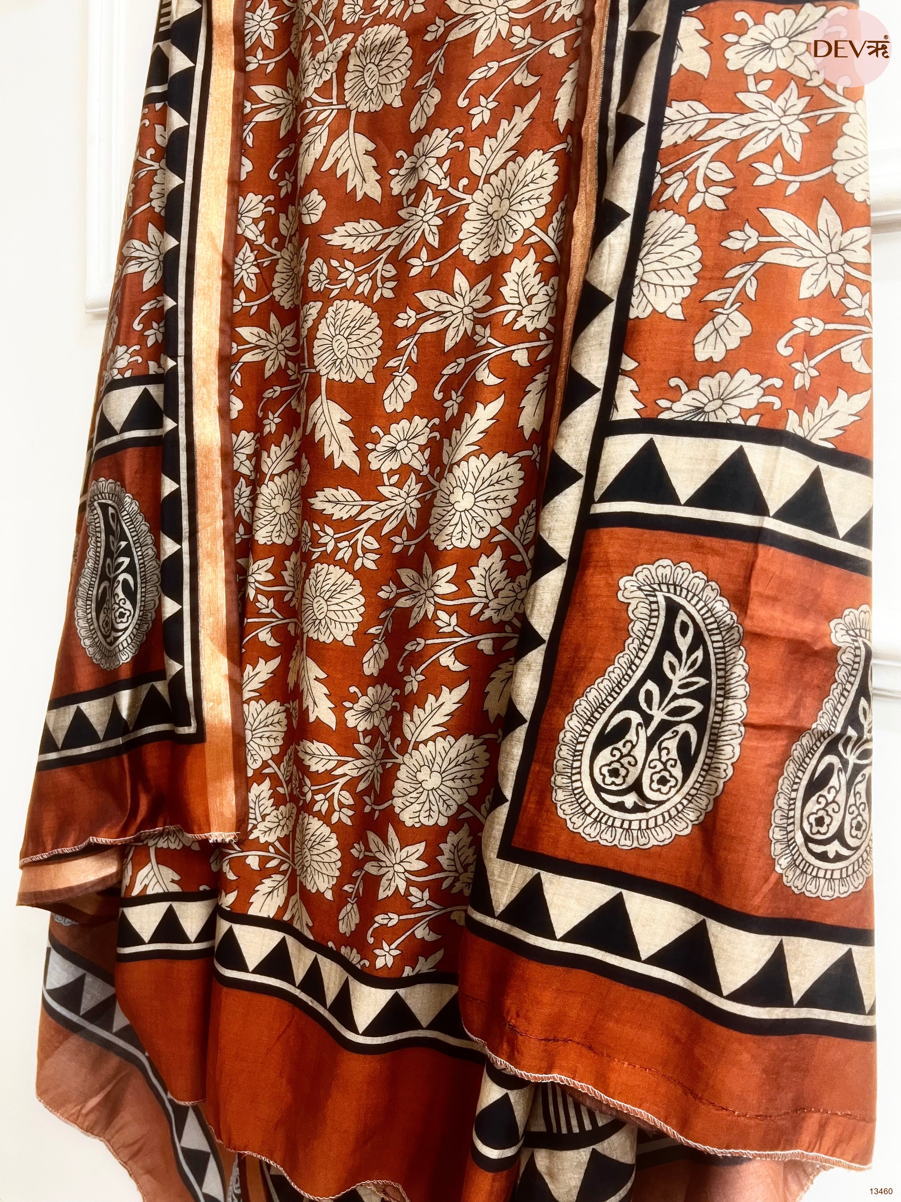 Rust Maheshwari Silk Printed Unstitched 3-Piece Suit (Devri – D.No 13460)