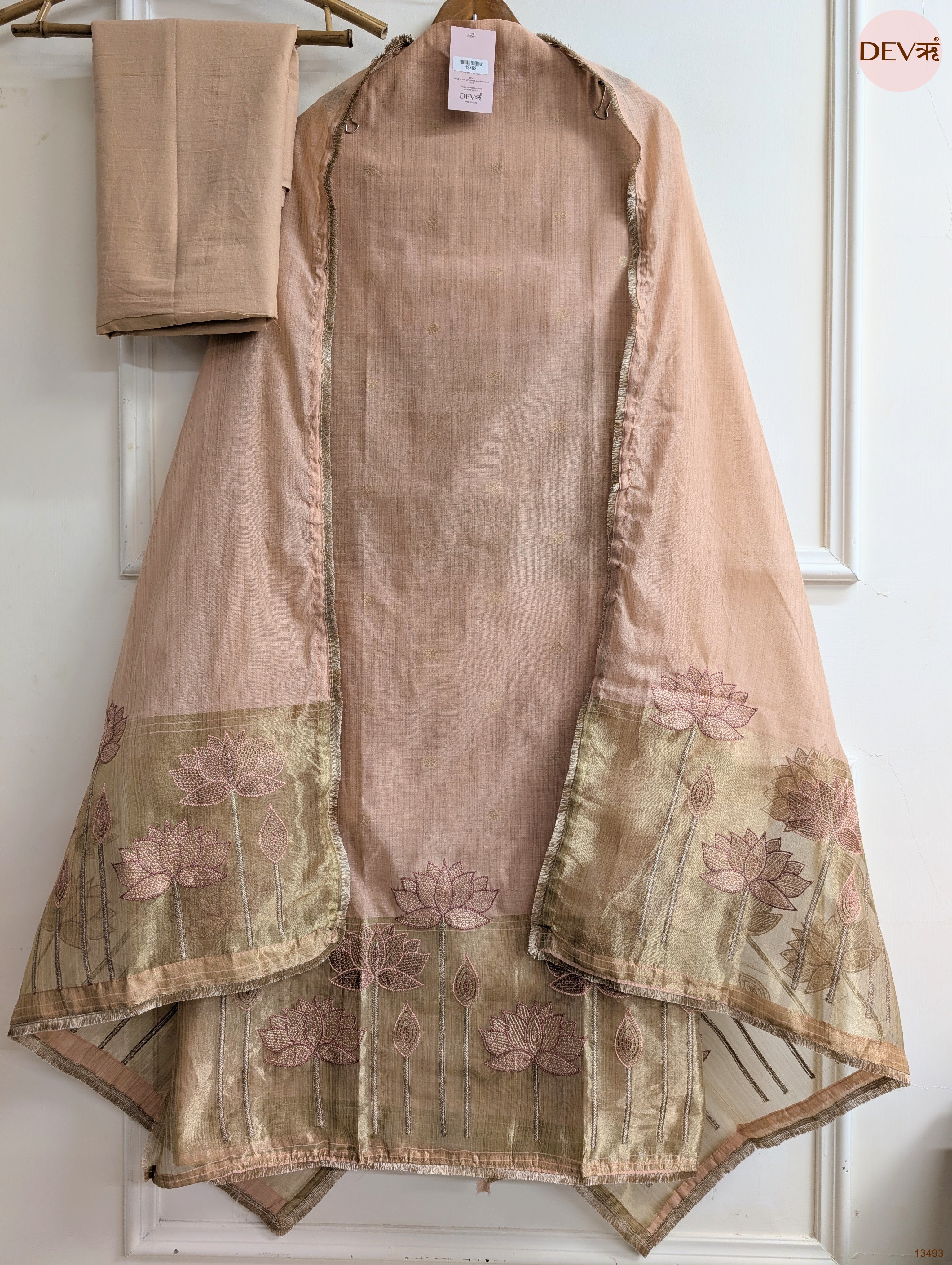 Peach Banarashi Silk Printed Unstitched 3-Piece Suit (Devri – D.No 13493)