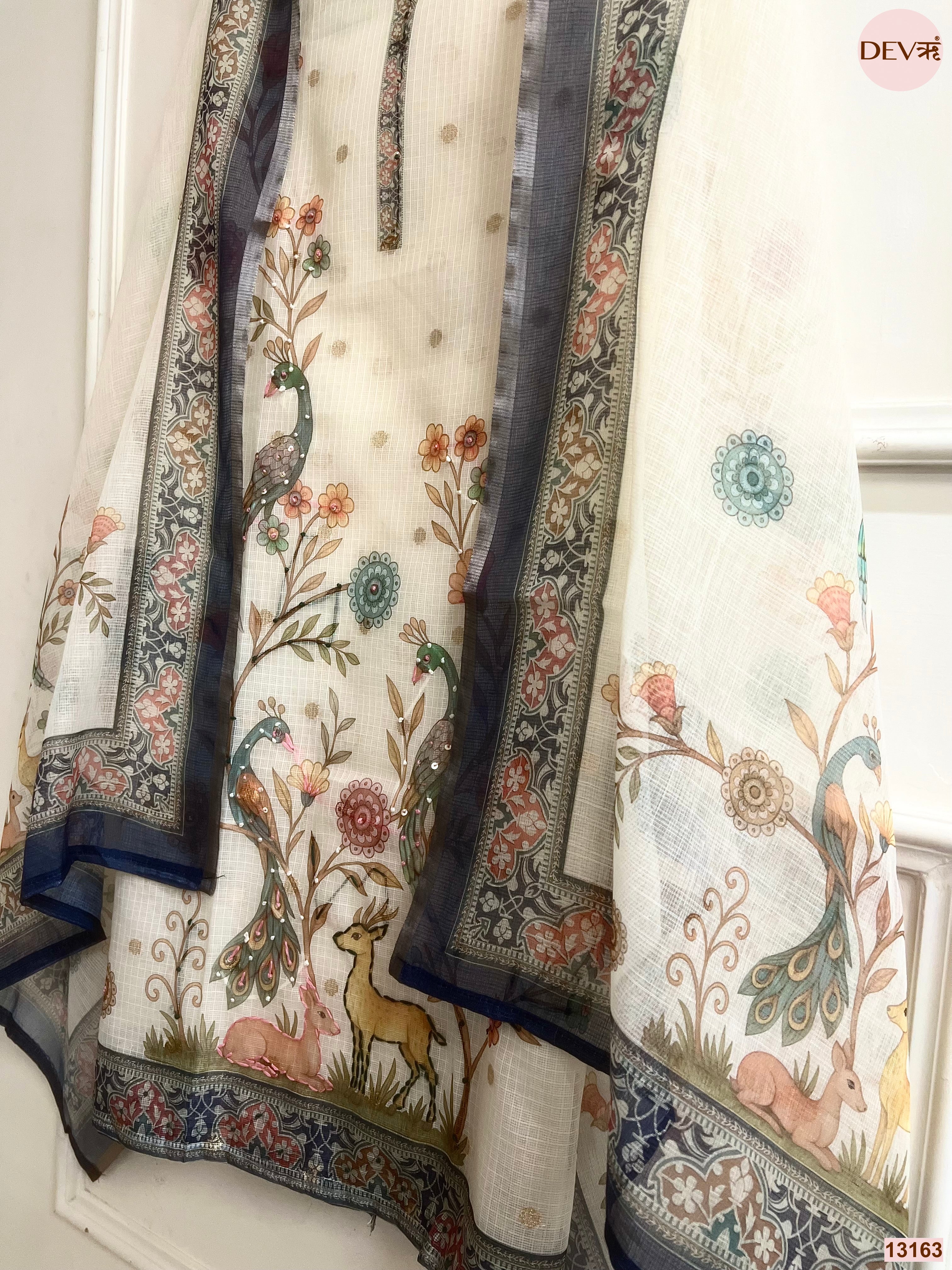 Cream Kota Printed Unstitched 3-Piece Suit (Devri – D.No 13163)