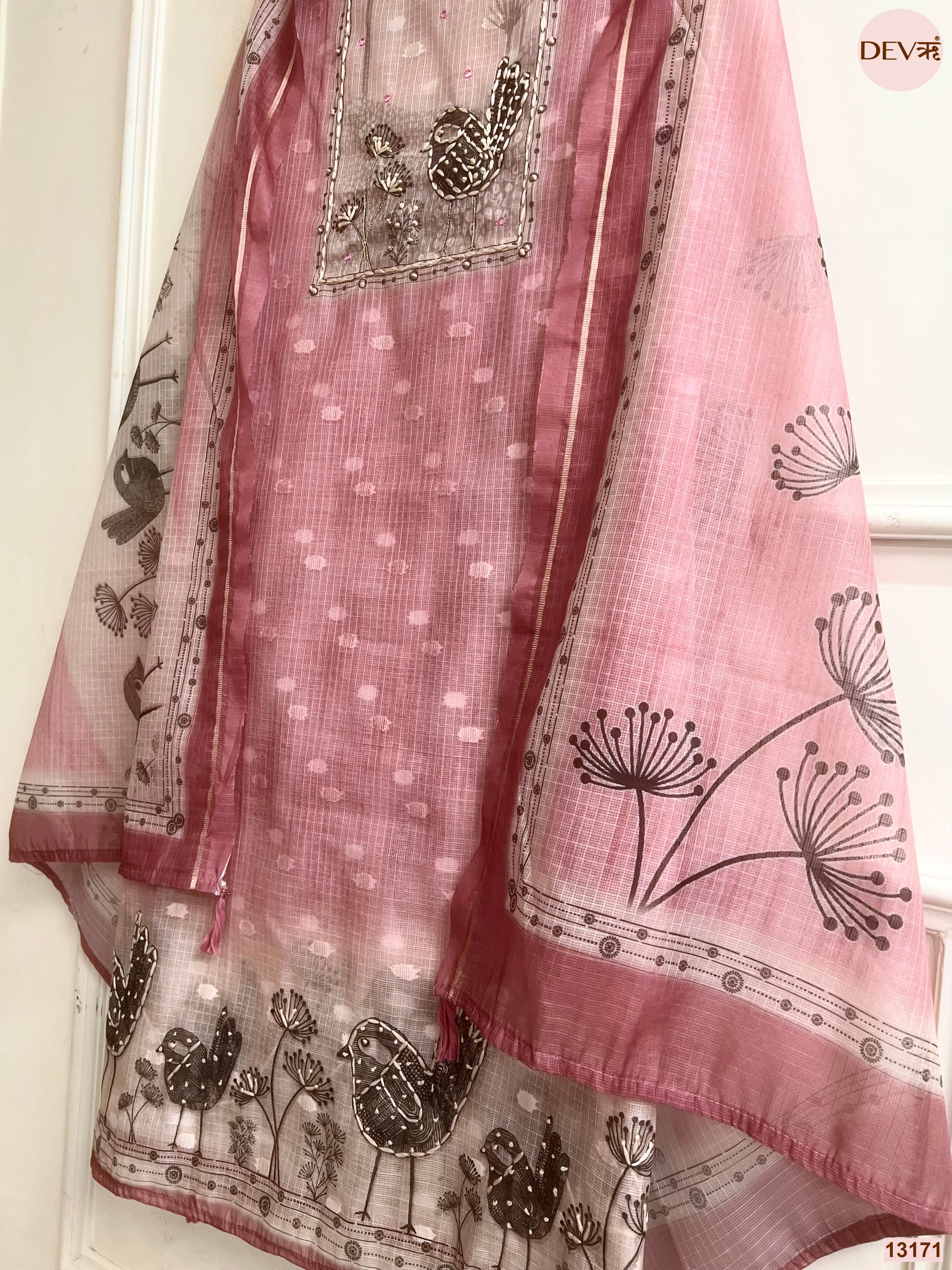 Pink Kota Printed Unstitched 3-Piece Suit (Devri – D.No 13171)
