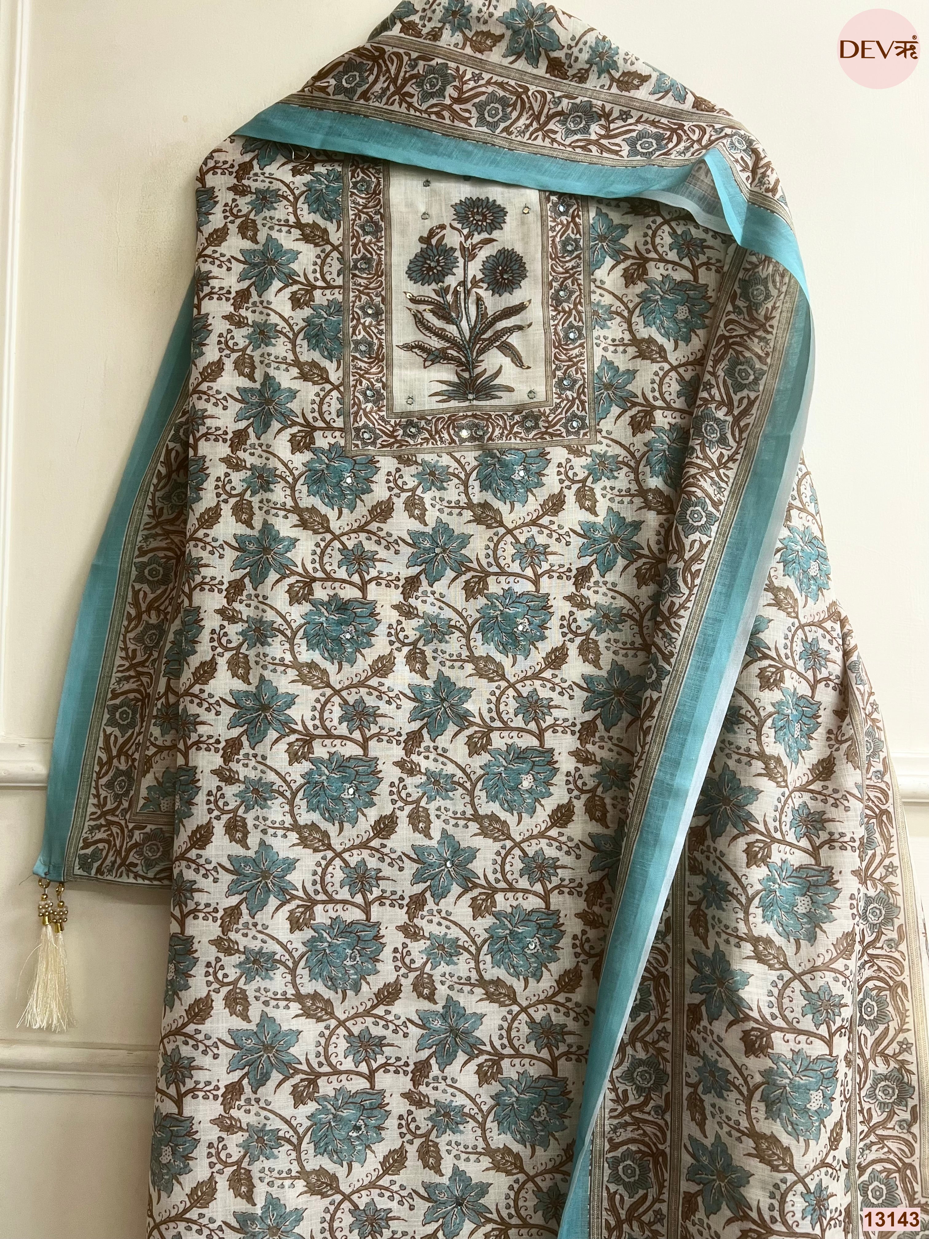 Teal Linen Printed Unstitched 3-Piece Suit (Devri – D.No 13143)
