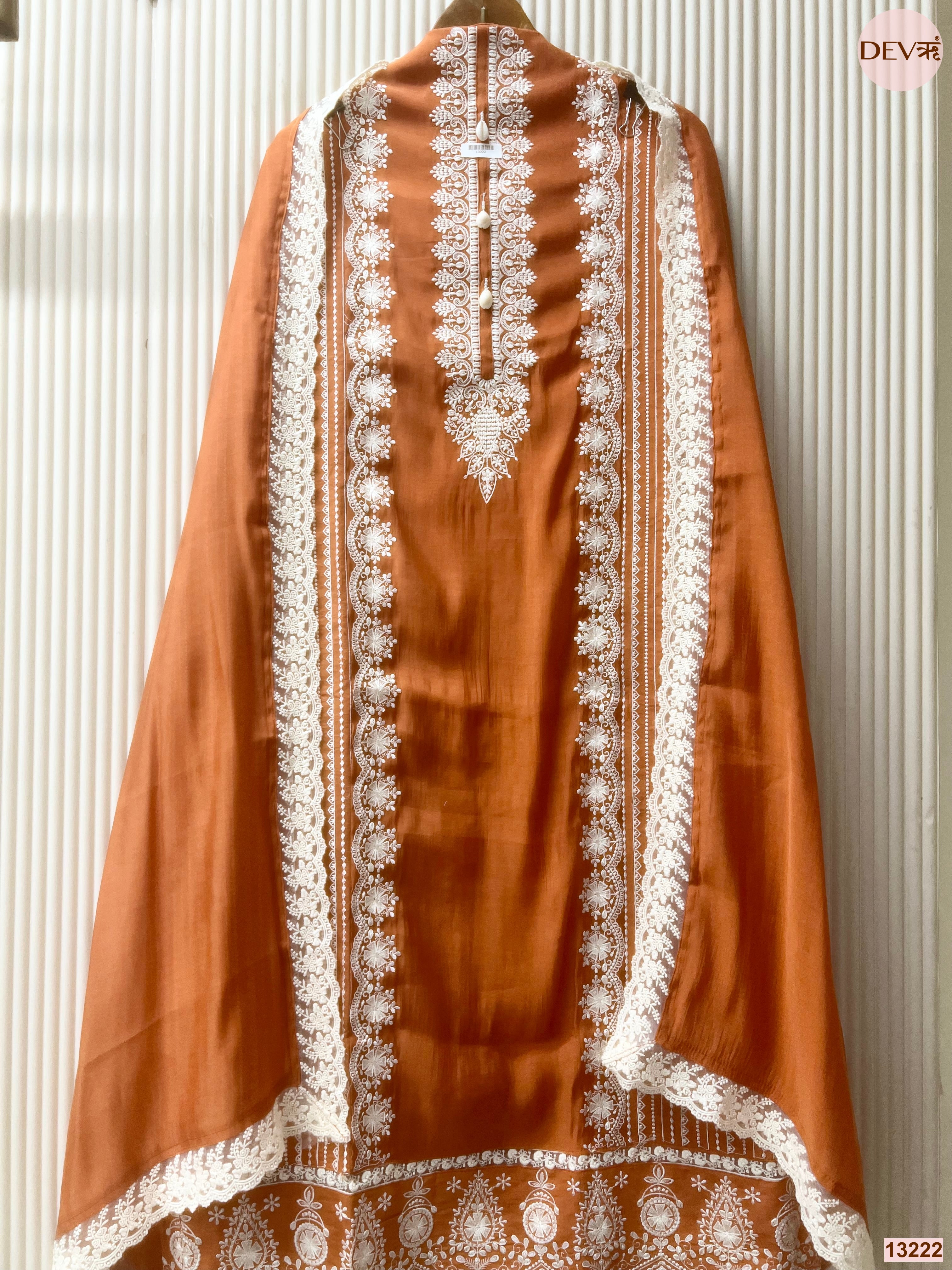 Rust Mul Cotton Embroidered Unstitched 3-Piece Suit (Devri – D.No 13222)