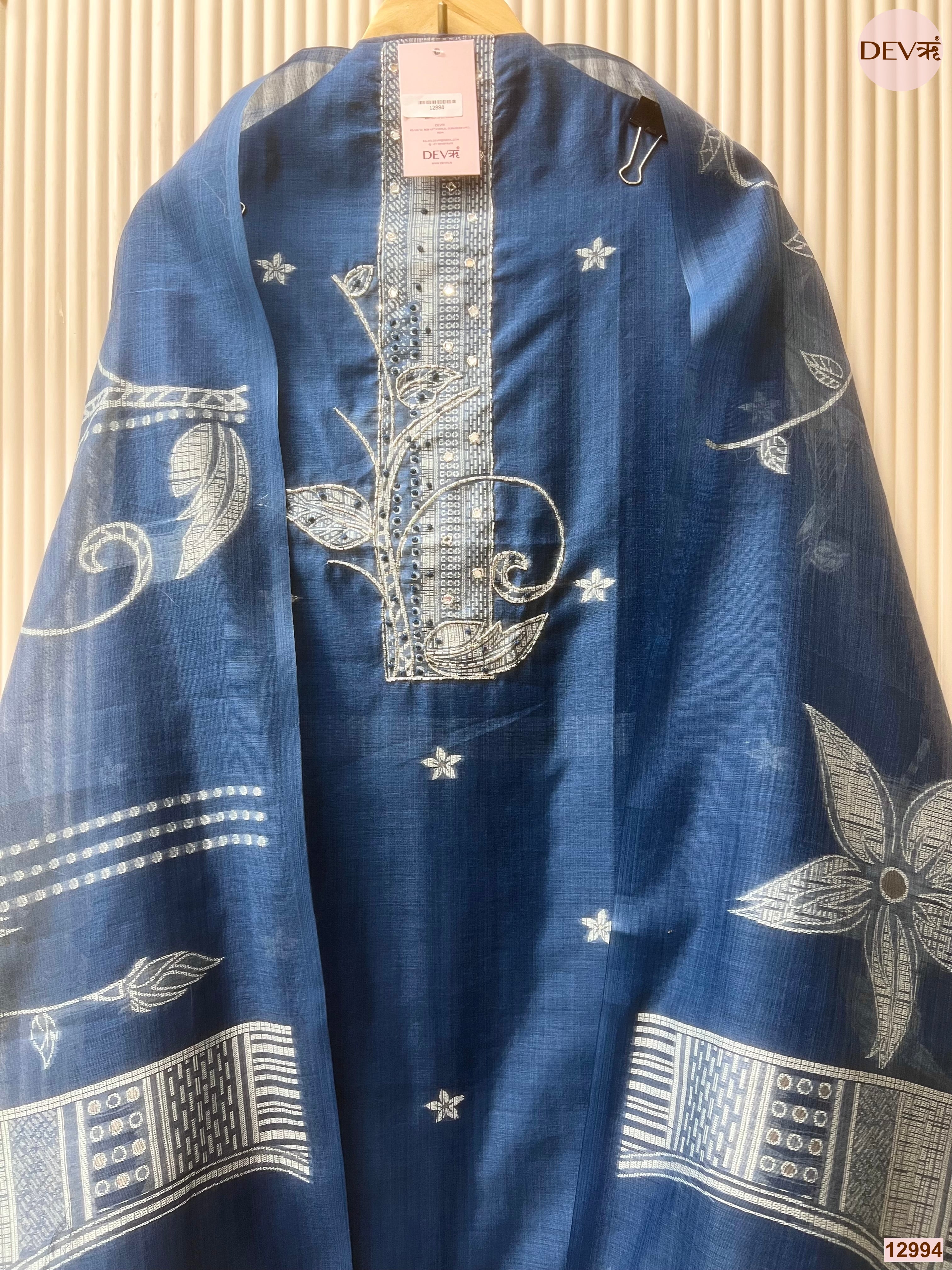 Blue Linen Cotton Printed Unstitched 3-Piece Suit (Devri – D.No 12994)