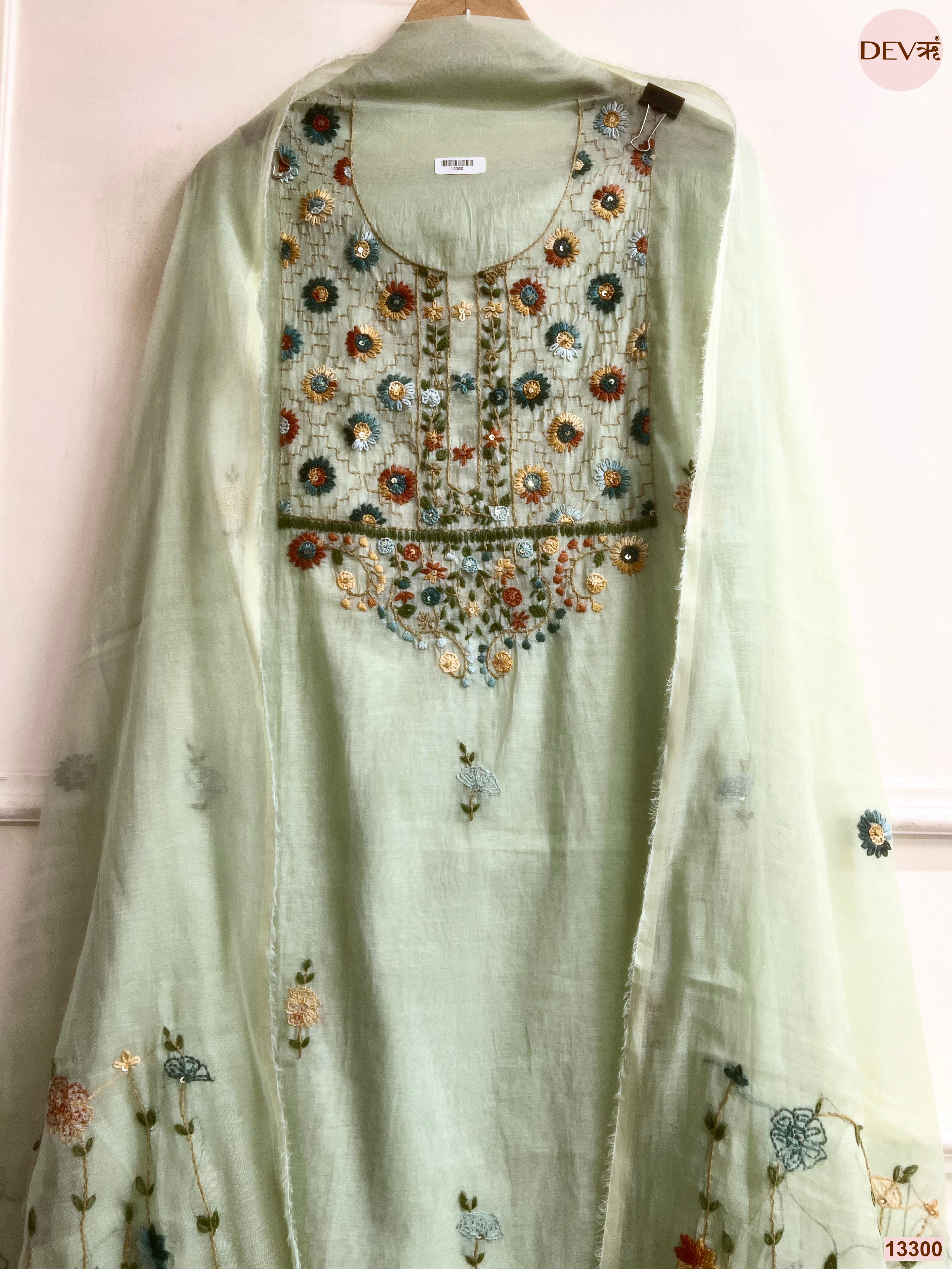 Mint Mul Chanderi Embroidered Unstitched 3-Piece Suit (Devri – D.No 13300)