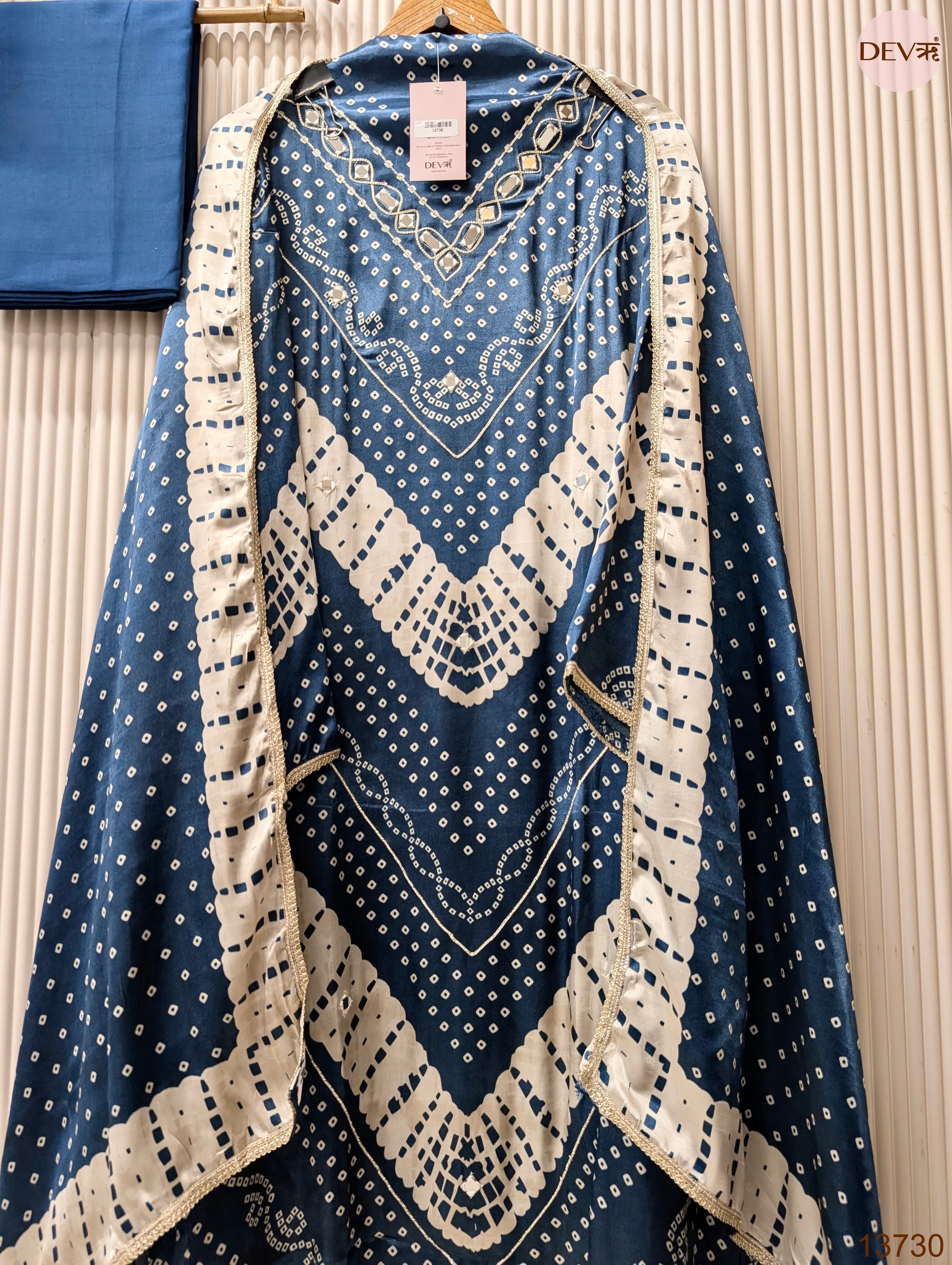Blue Gajji Silk Printed Unstitched 3-Piece Suit (Devri – D.No 13730)