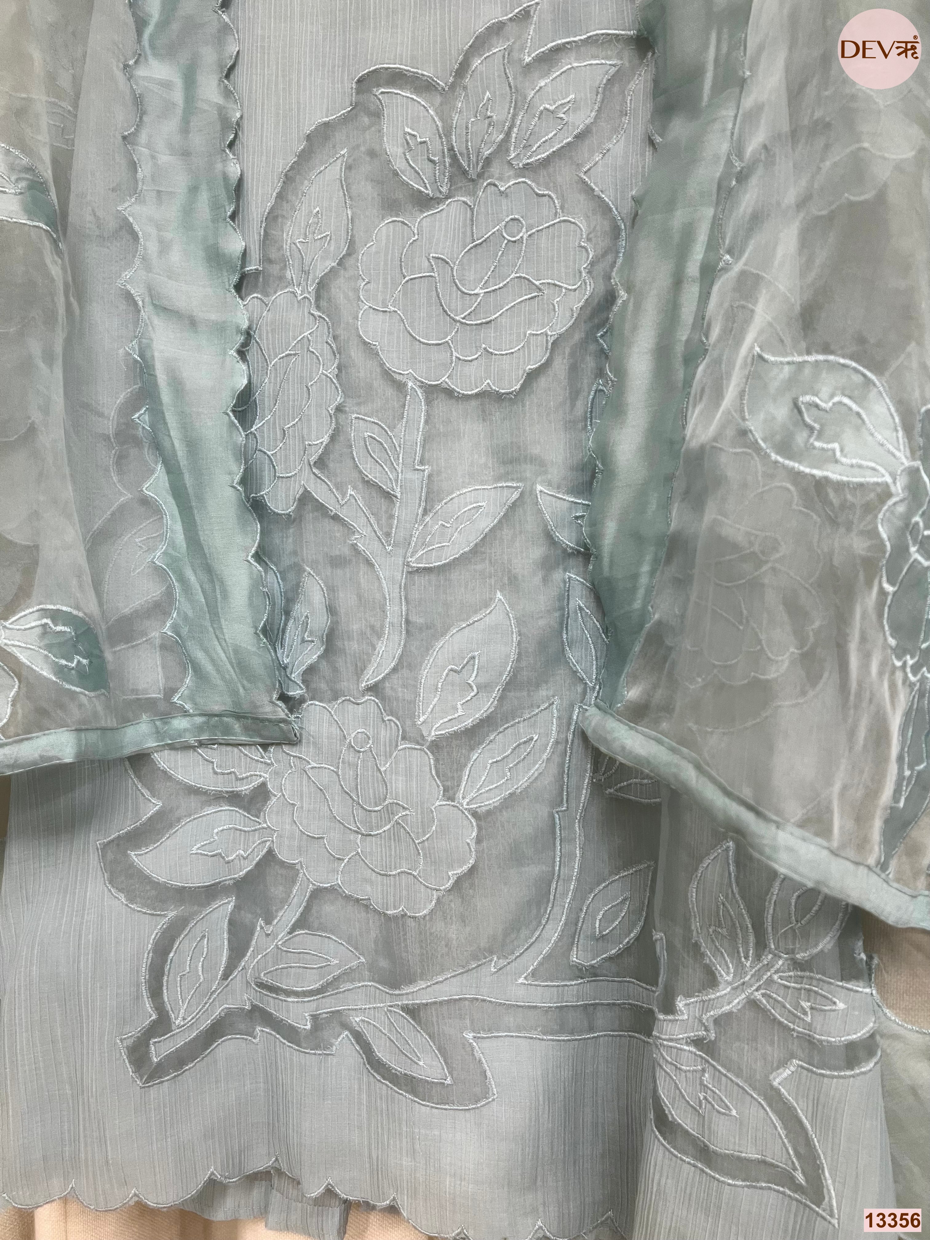 Blue Mul Chanderi Embroidered Unstitched 3-Piece Suit (Devri – D.No 13356)