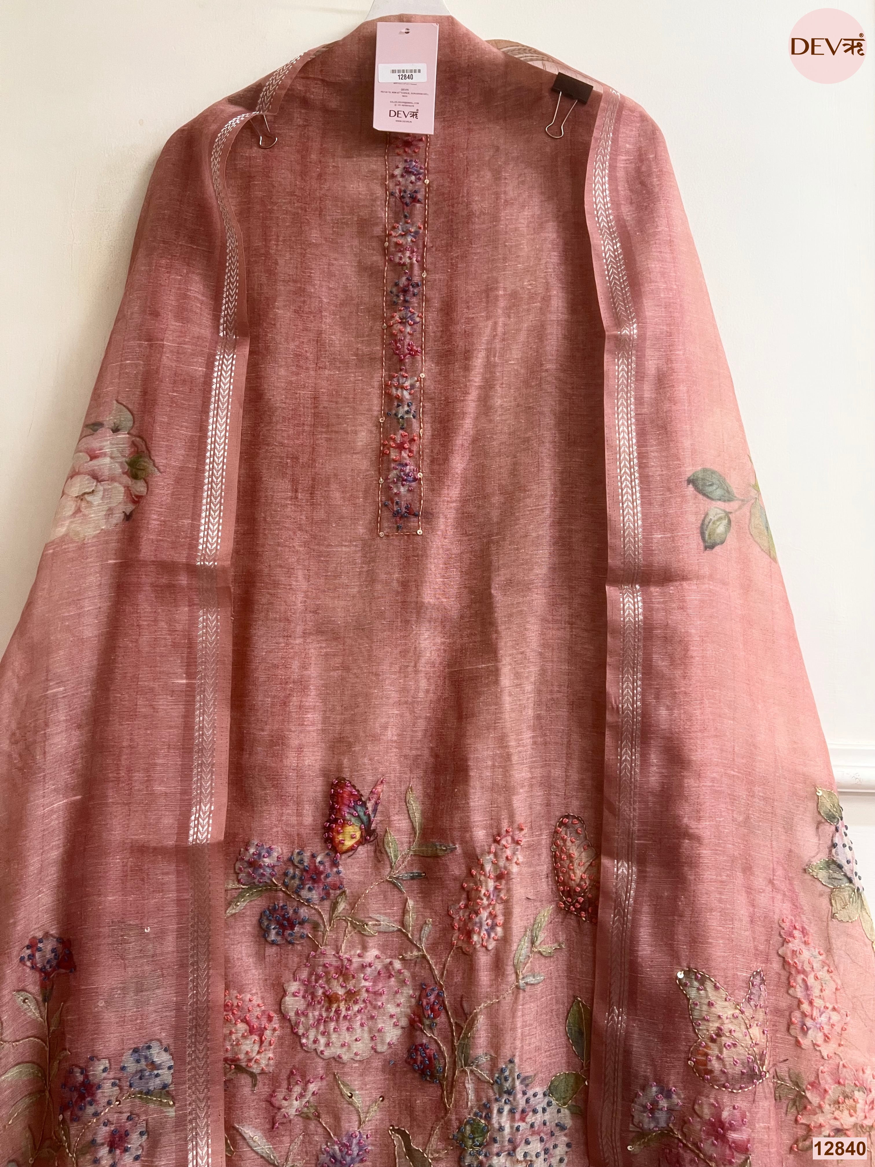 Pink Mul Chanderi Embroidered Unstitched 3-Piece Suit (Devri – D.No 12840)