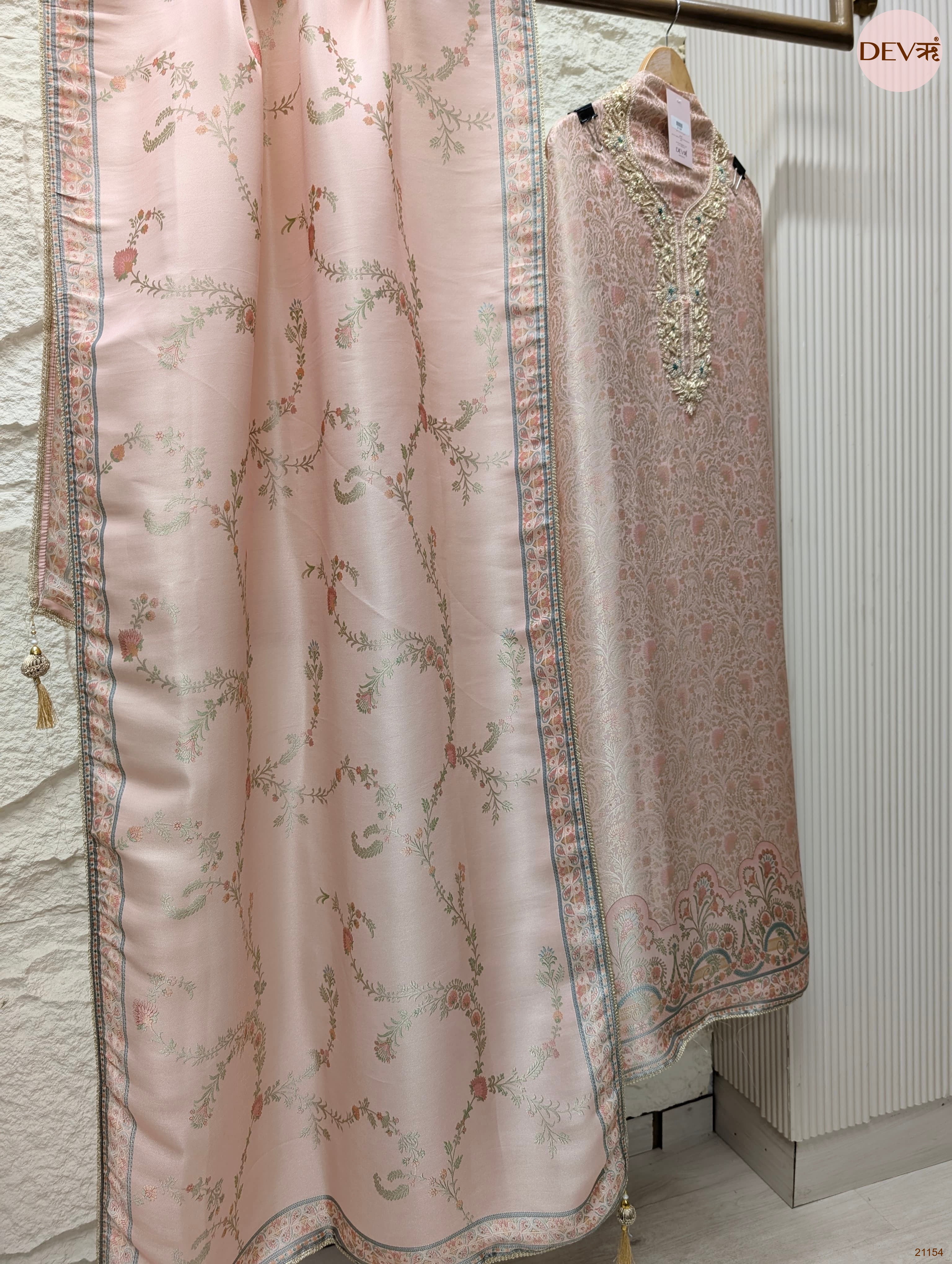 Pink Pure Banarasi Woven Silk Embroidered Unstitched 3-Piece Suit (Devri – D.No 21154)