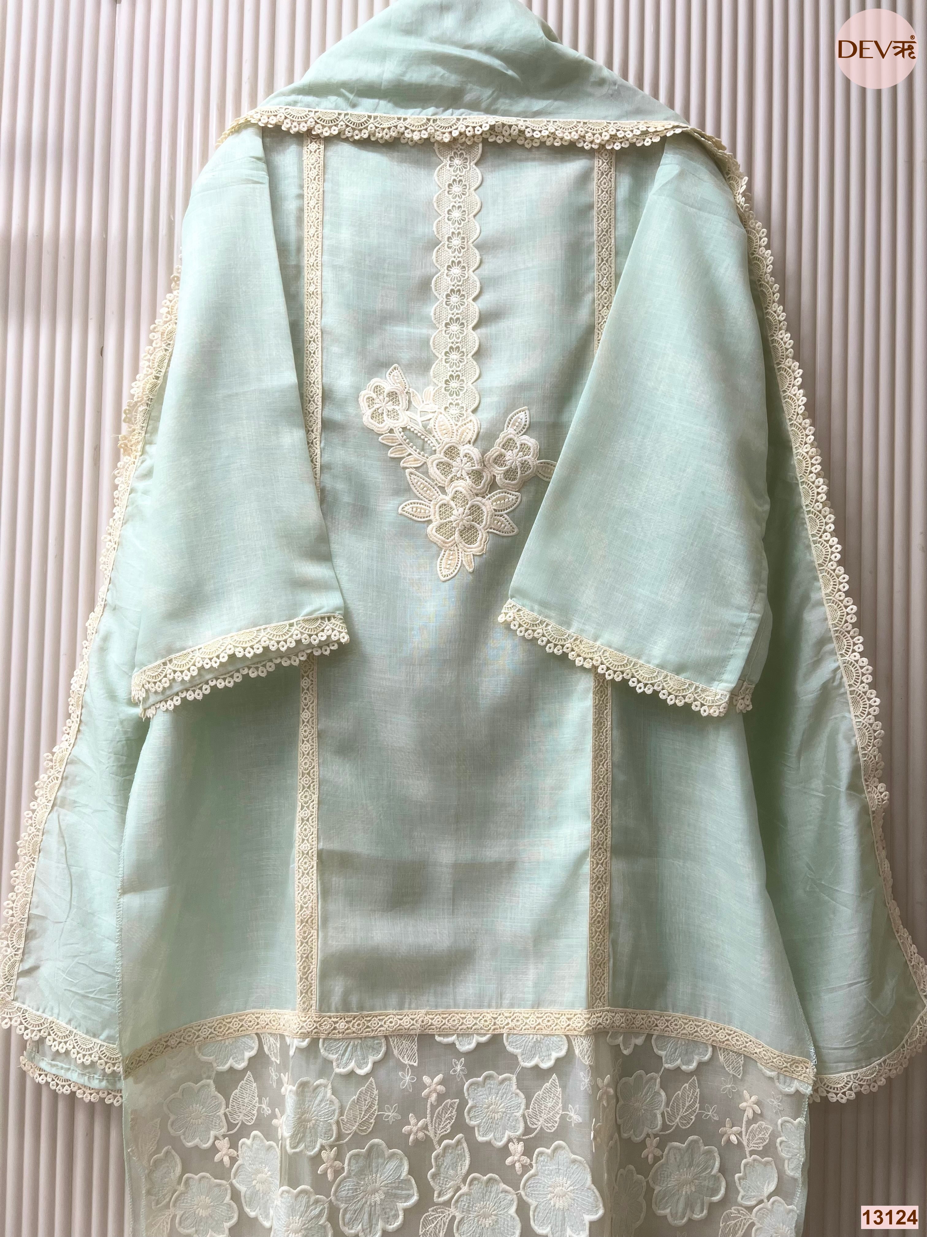 Mint Linen Cotton Embroidered Unstitched 3-Piece Suit (Devri – D.No 13124)