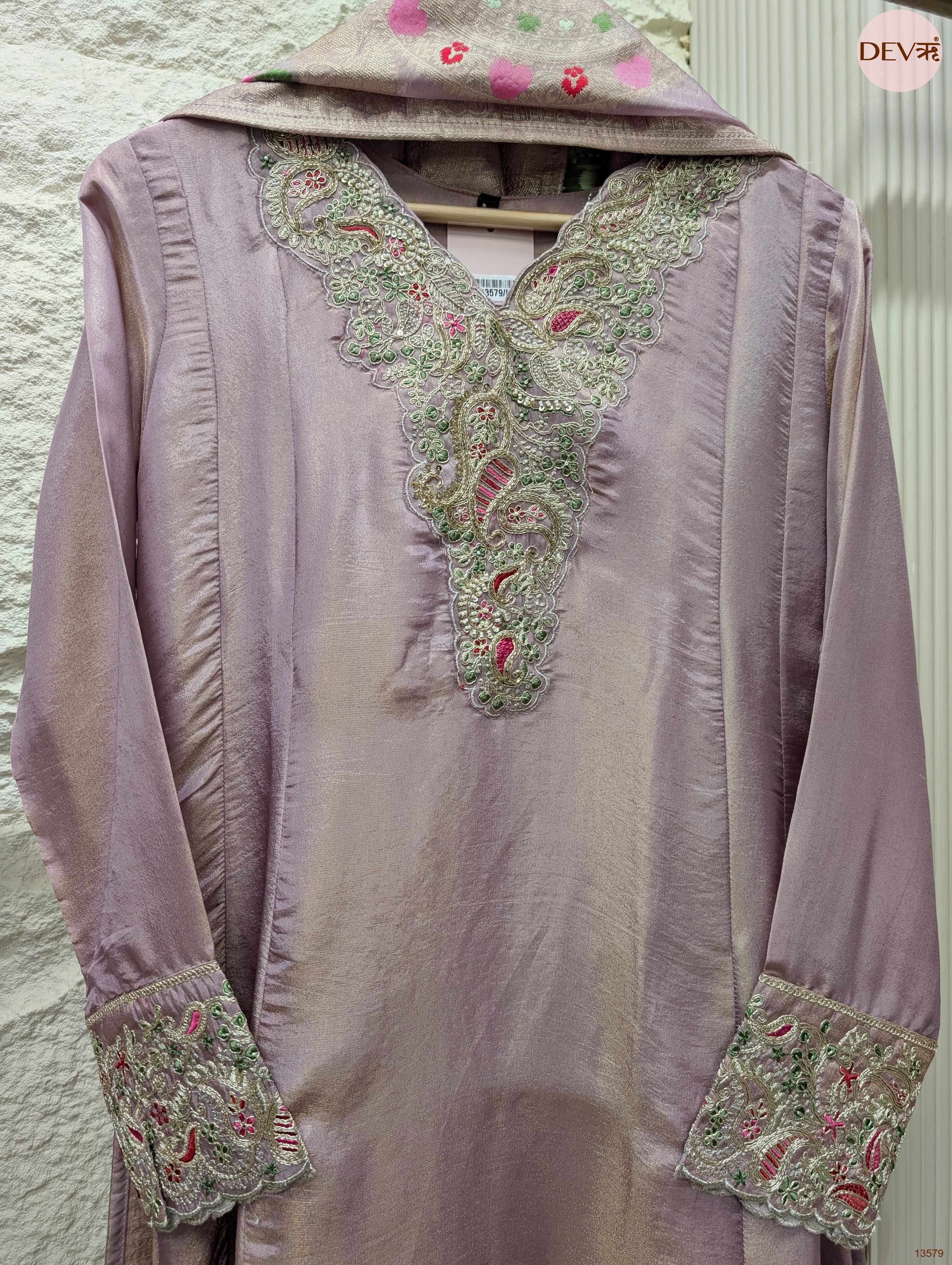 Gulnaar Pure Giraffe Silk Embroidered Lilac 3-Piece Set (Devri – D.No 13579)