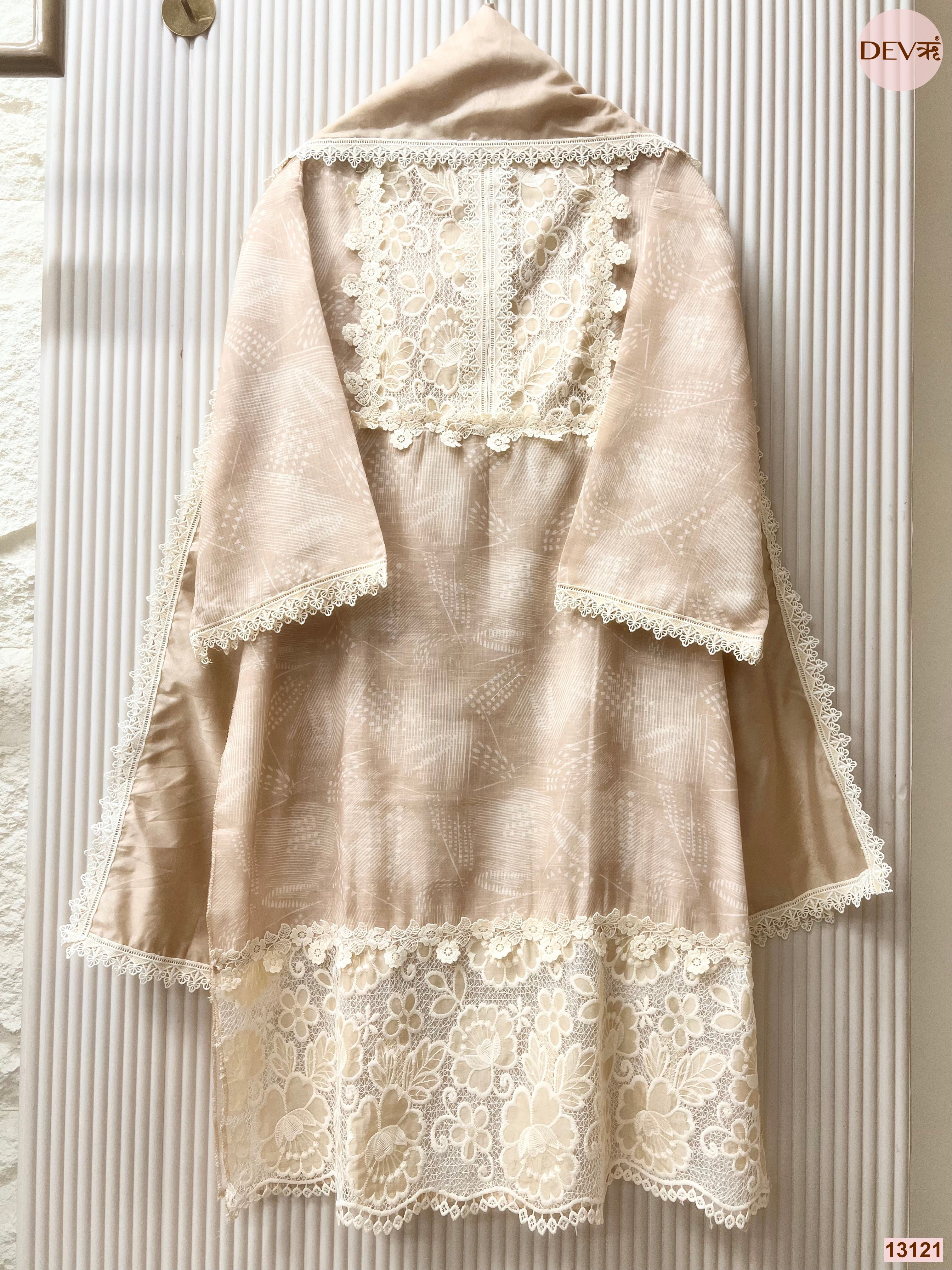 Beige Linen Embroidered Unstitched 3-Piece Suit (Devri – D.No 13121)