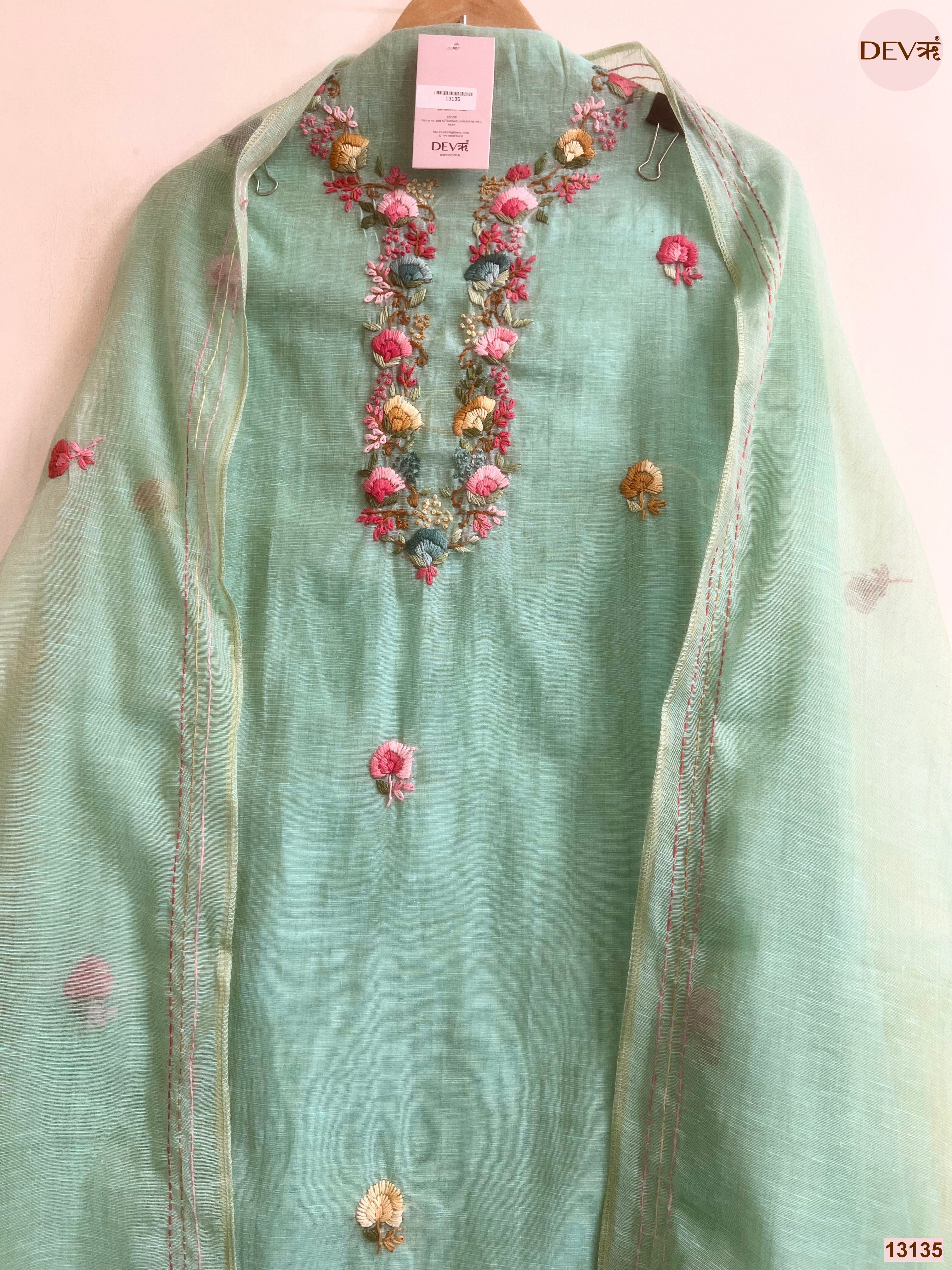 Mint Jamdani Cotton Embroidered Unstitched 3-Piece Suit (Devri – D.No 13135)