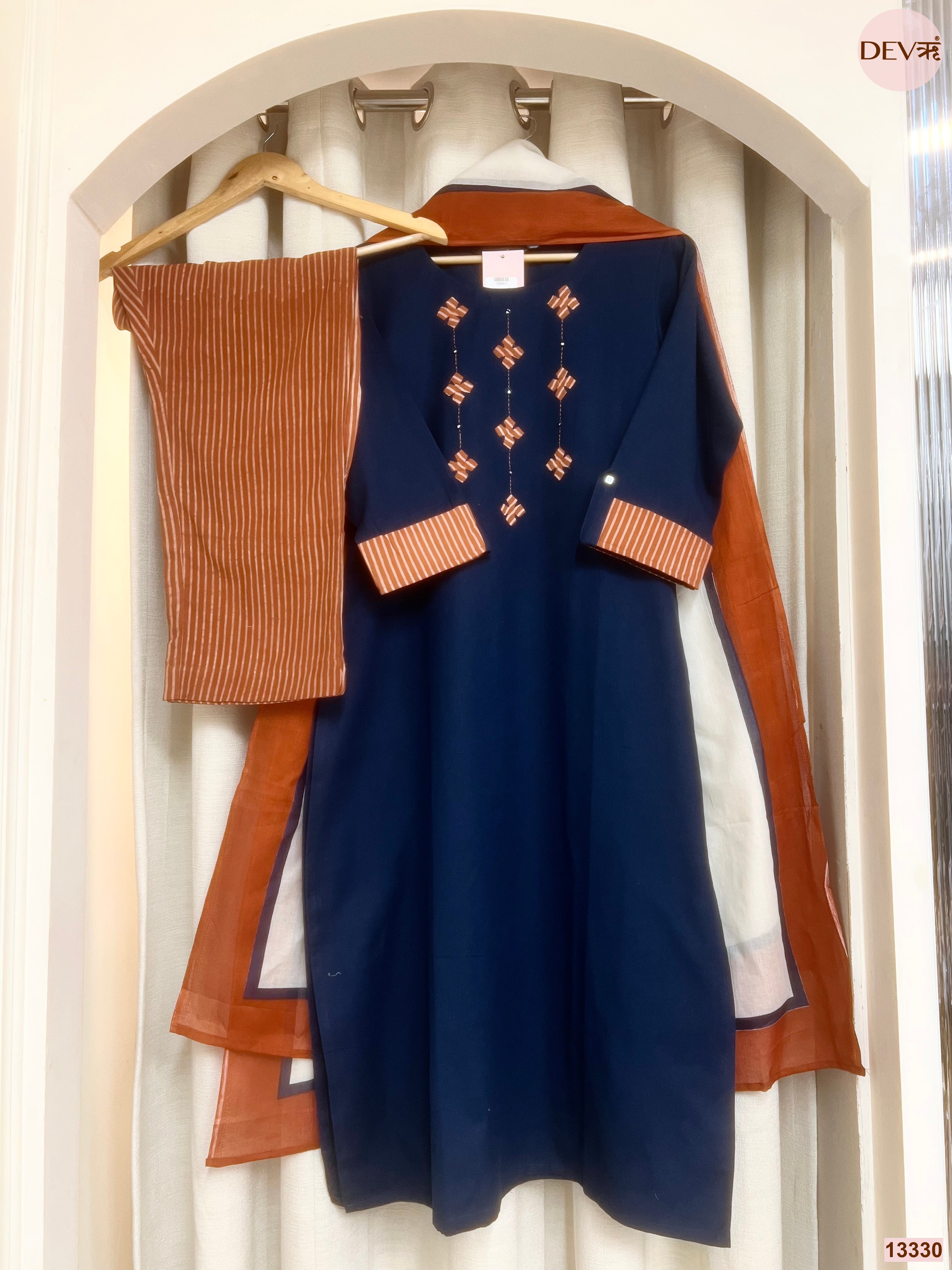 Varnika Cotton slub Printed Navy Blue 3-Piece Set (Devri – D.No 13330)