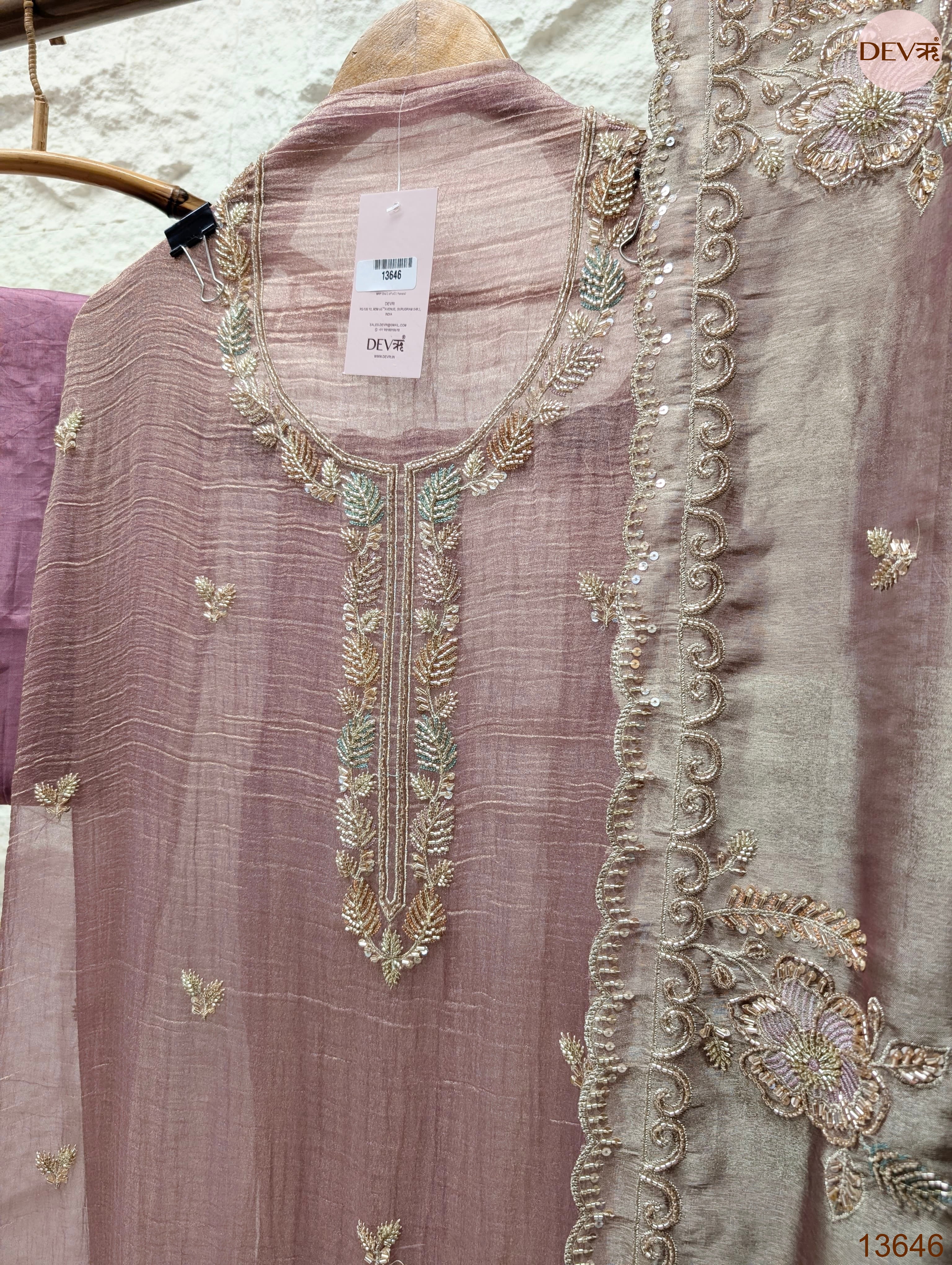 Mauve Tissue Crush Silk Embroidered Unstitched 3-Piece Suit (Devri – D.No 13646)