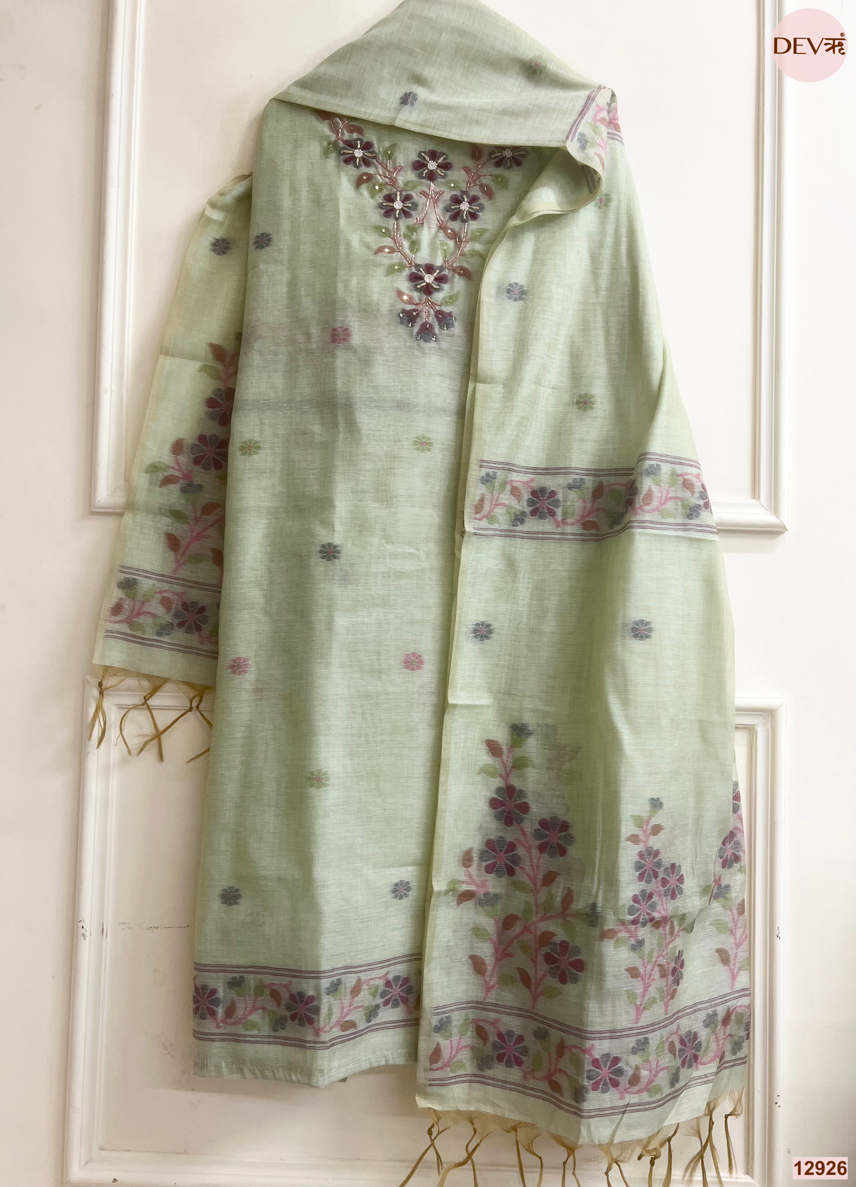 Green Jamdani Cotton Printed Unstitched 3-Piece Suit (Devri – D.No 12926)
