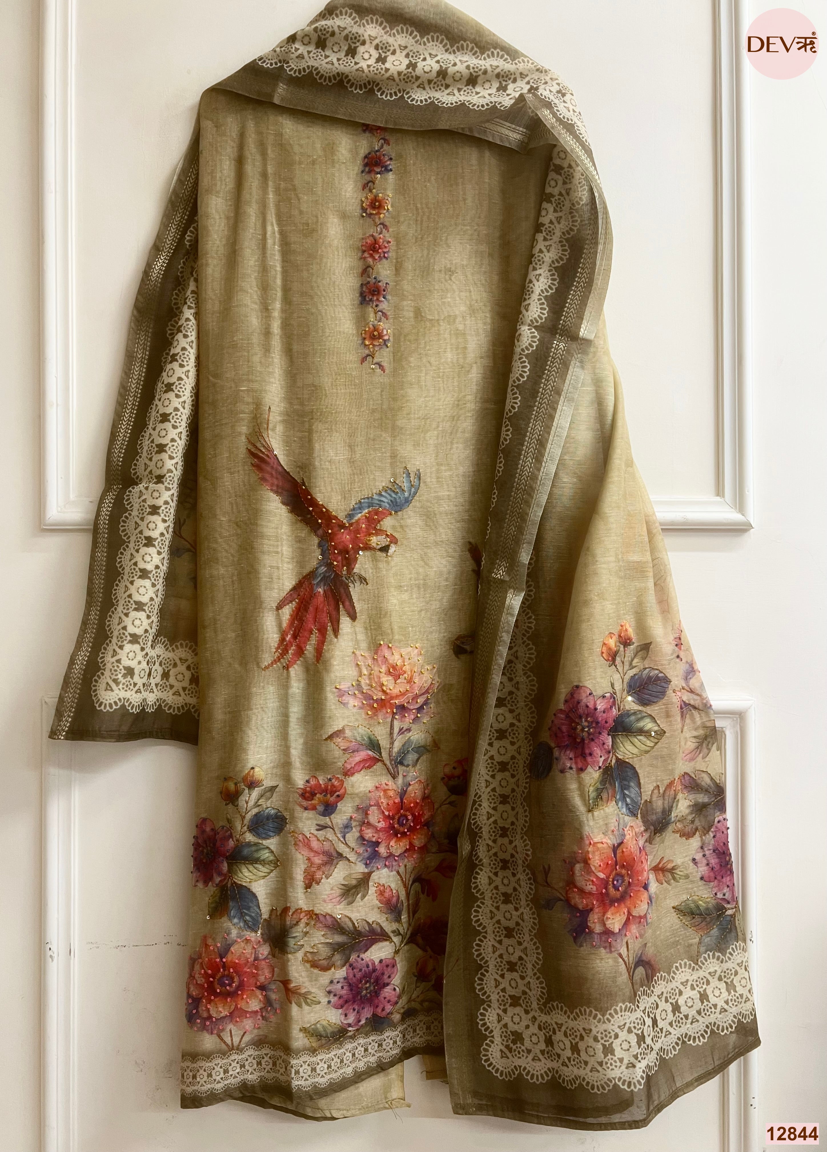 Olive Mul Chanderi Printed Unstitched 3-Piece Suit (Devri – D.No 12844)