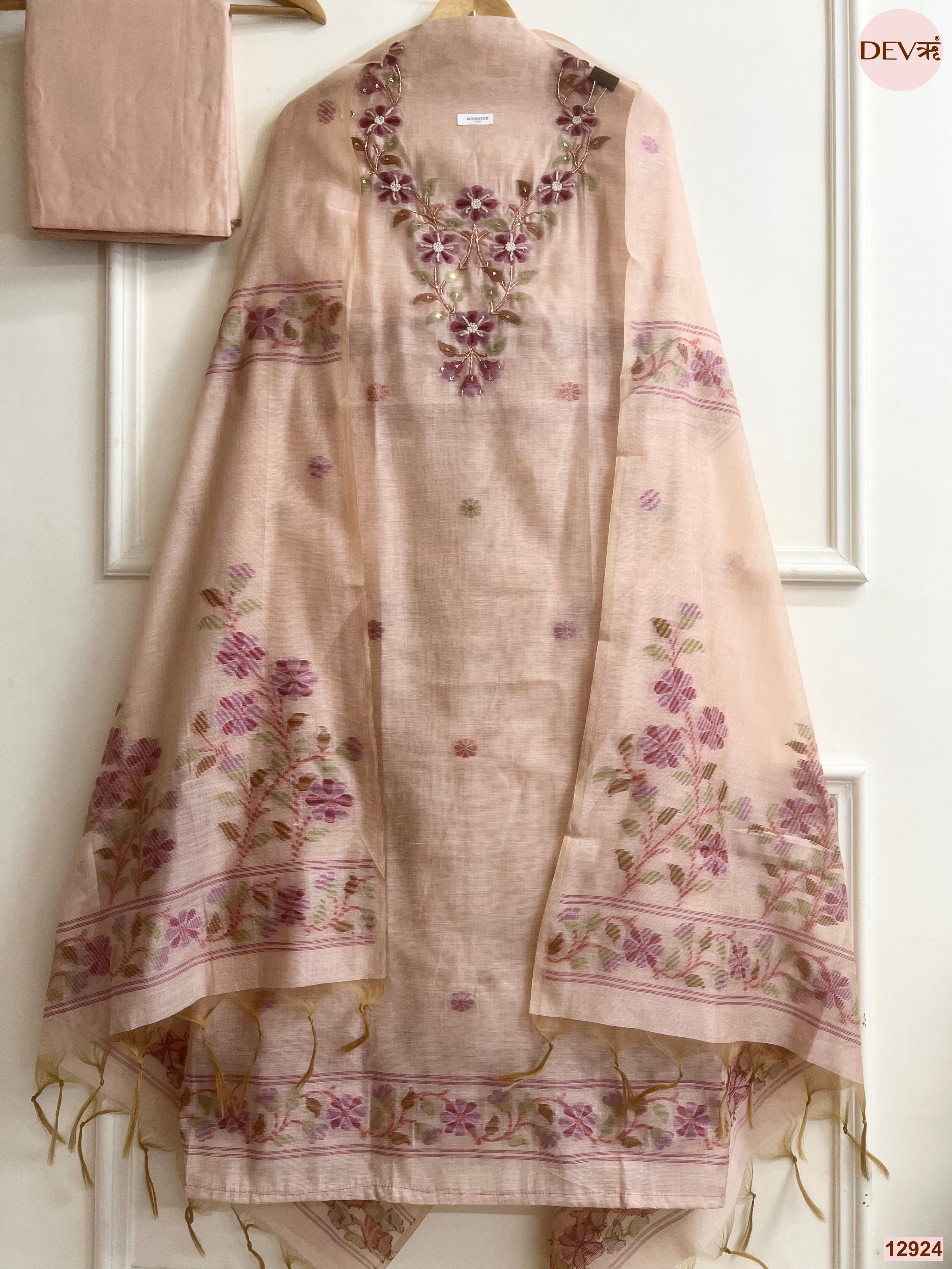Peach Jamdani Cotton Embroidered Unstitched 3-Piece Suit (Devri – D.No 12924)